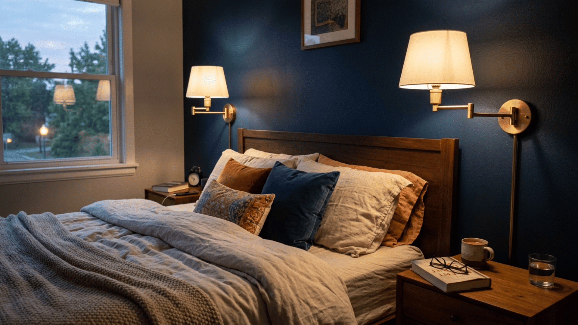 swing-arm wall sconces mounted above a guest bed, freeing up nightstand space for reading