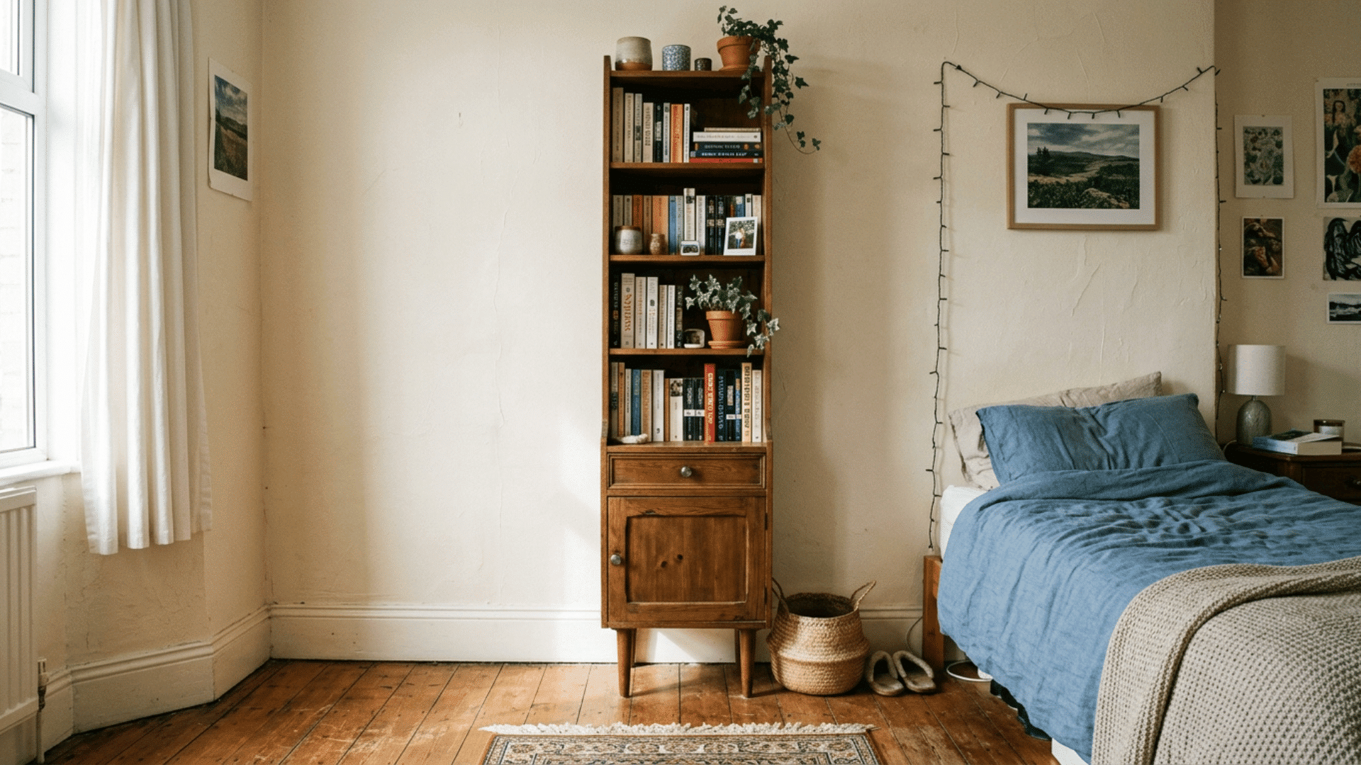 tall narrow wardrobe with visible legs in a small guest bedroom to save floor space