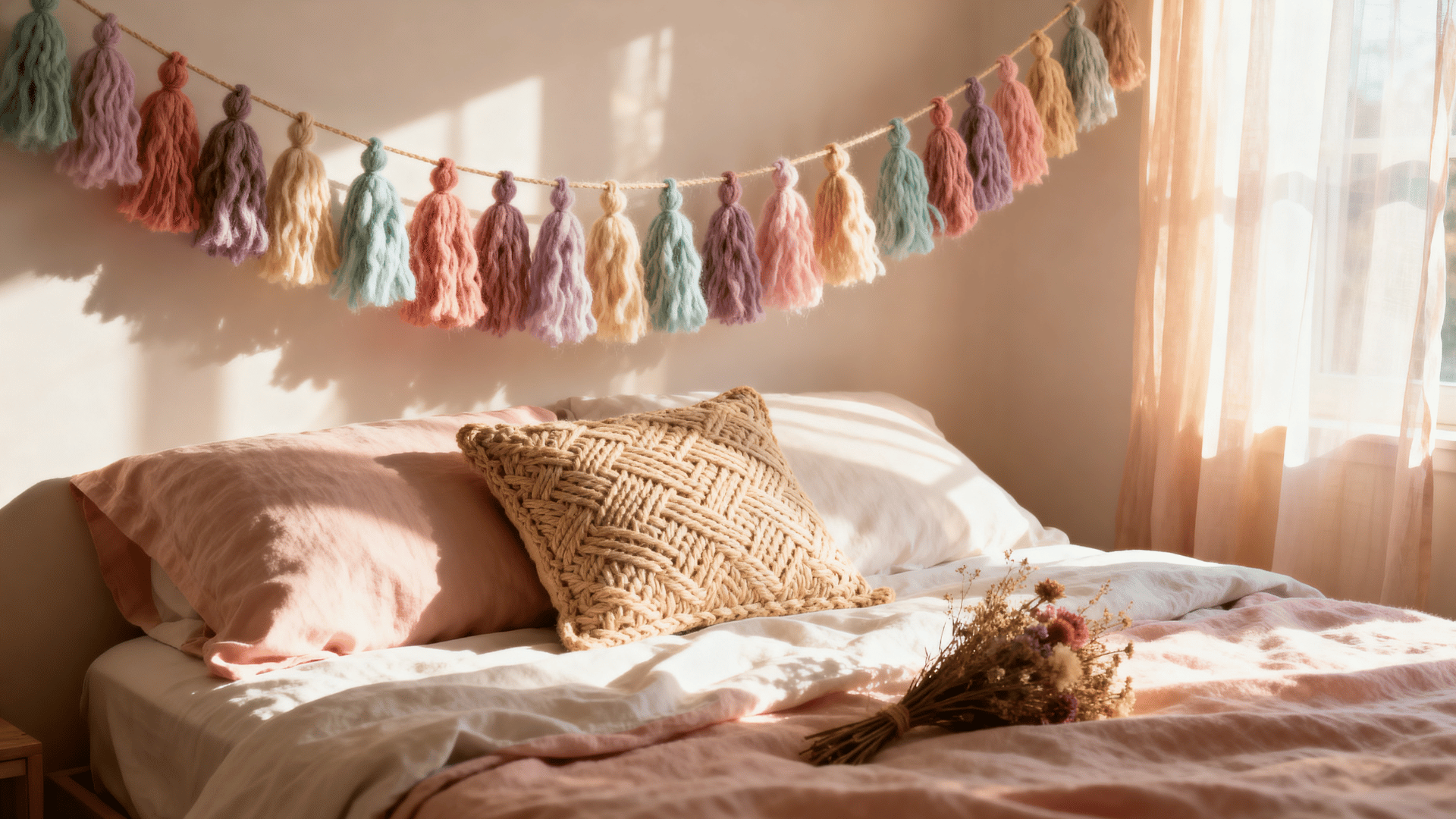 pastel yarn tassel garland strung above a bed with linen bedding