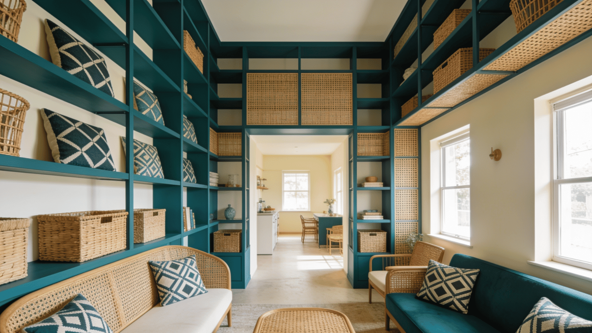 teal built-in shelving with woven storage baskets, cozy seating, and bright windows creating an open living space