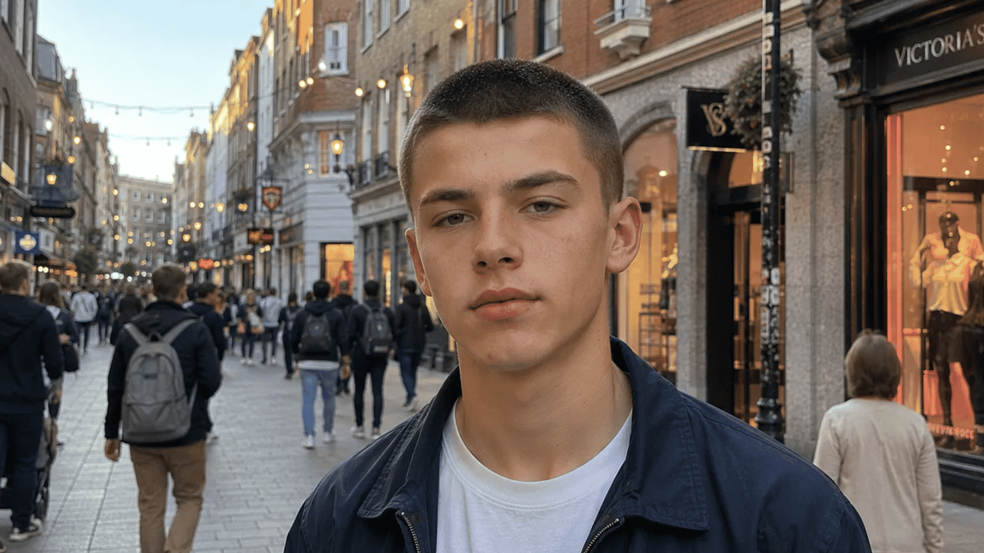 teenage boy sporting summer crew cut extra short for heat on busy city shopping street