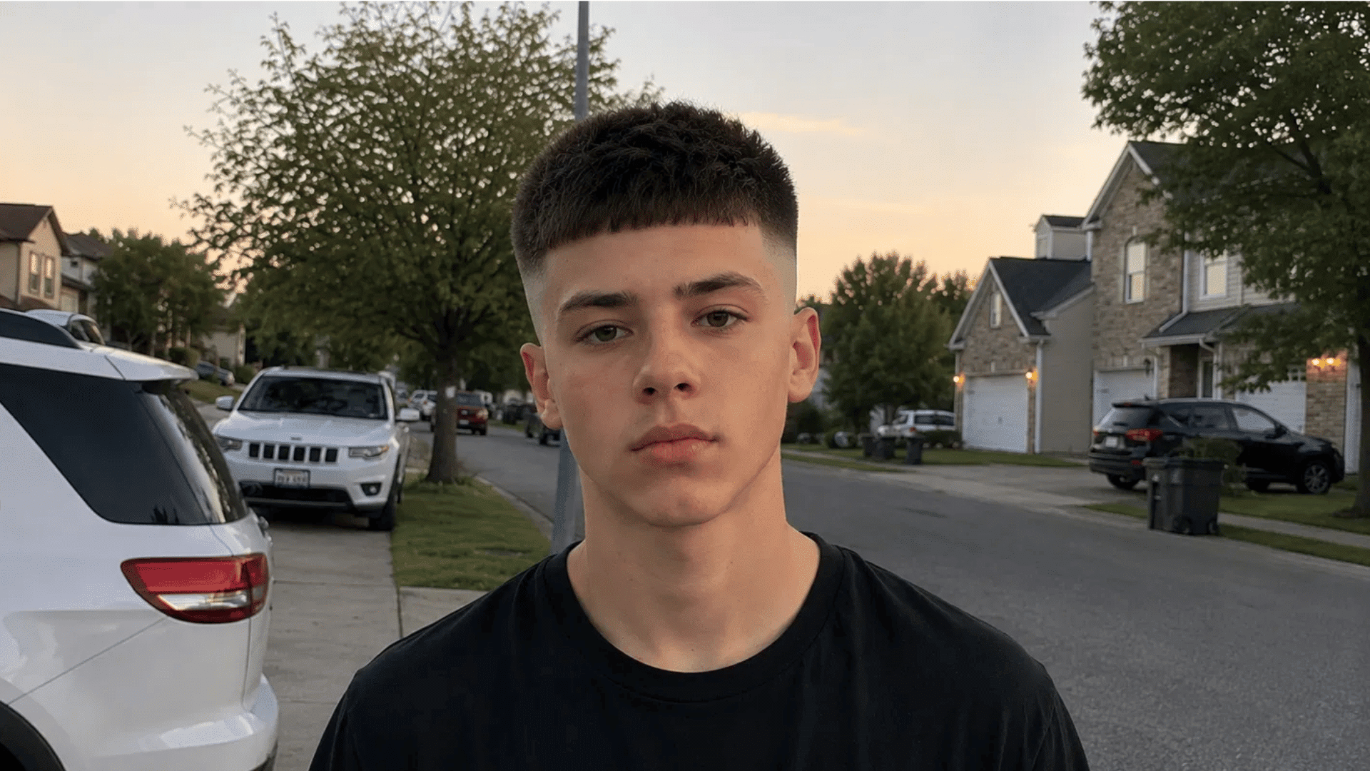 teenage boy standing on street with fade crew cut and disconnected top haircut at dusk