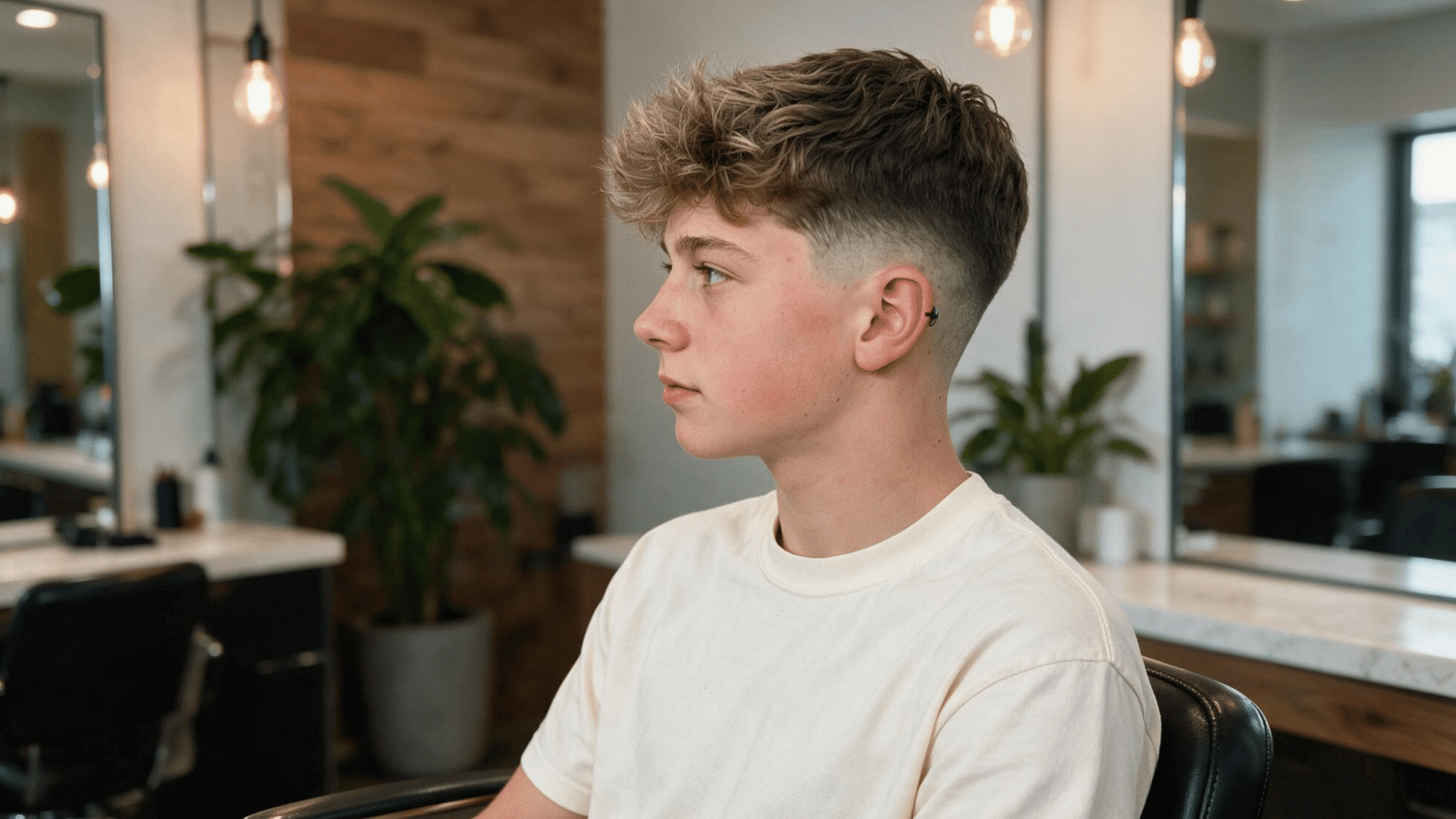 teenage boy with a textured crop and faded sides sitting in a modern barbershop with plants and mirrors