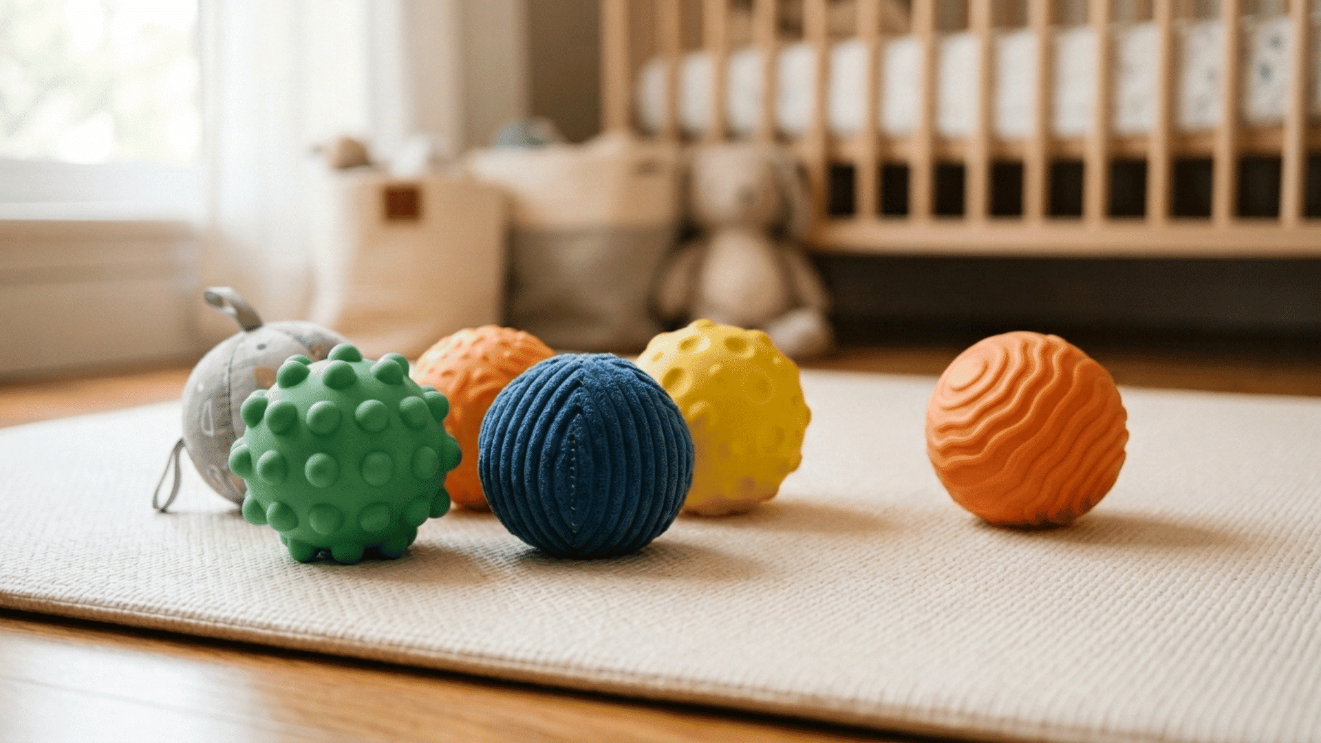 colourful textured sensory balls arranged on a soft play mat in a bright and peaceful baby nursery