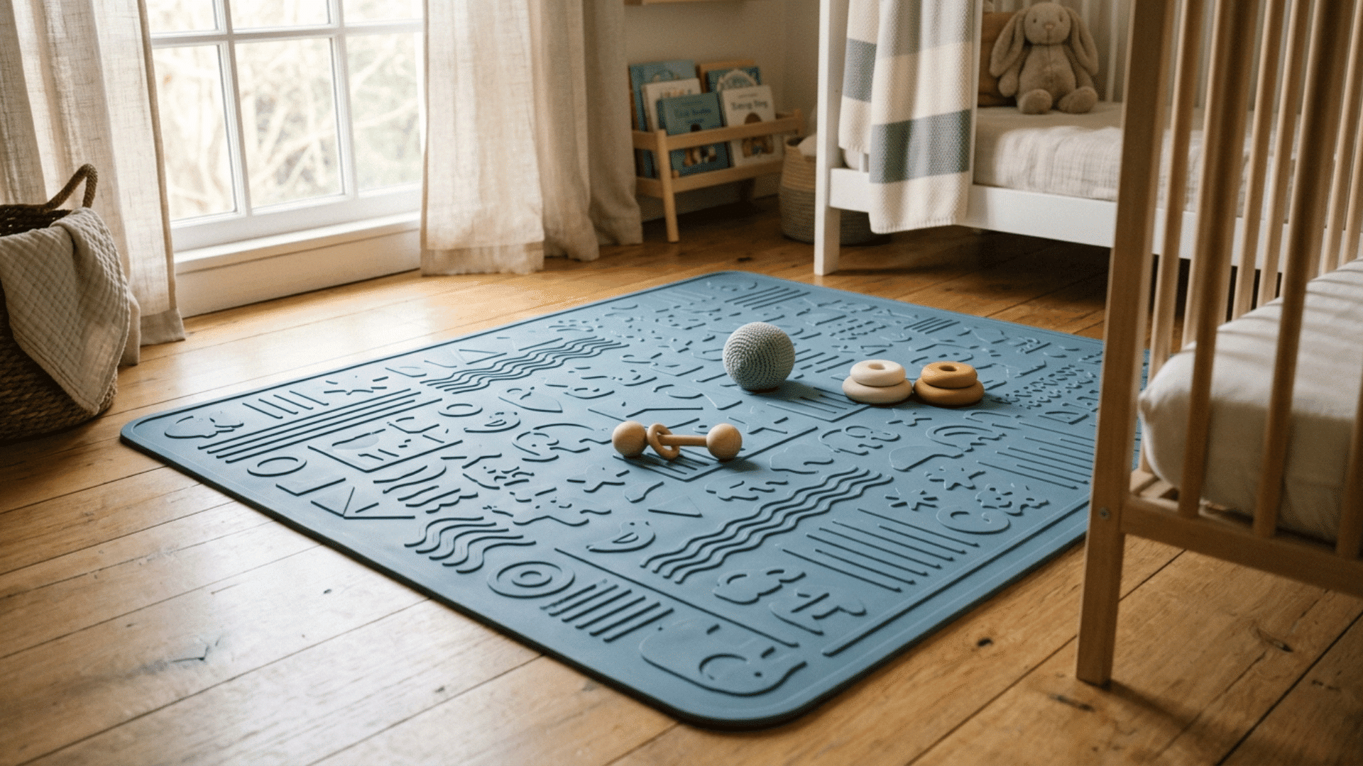 large blue textured silicone play mat with simple baby toys spread across a bright nursery floor