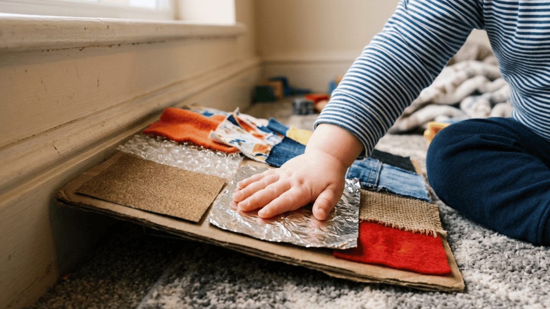toddler hand pats a homemade textured board made of fabric, foil, and bubble wrap