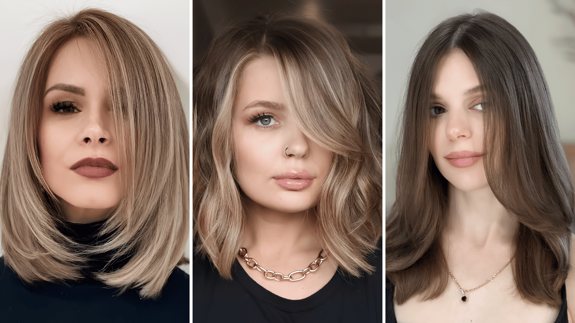 three-panel collage of women showcasing different medium-length wavy haircuts with layers and natural highlights