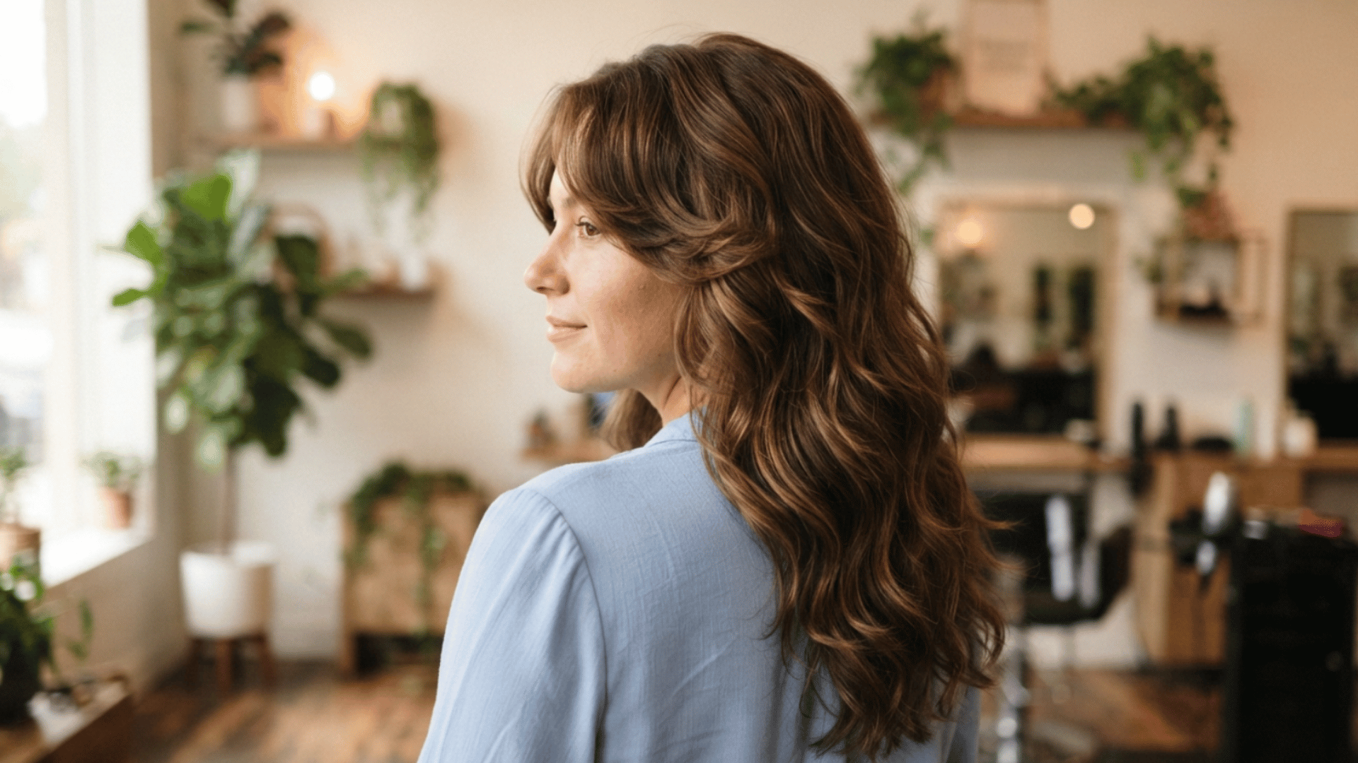 three-quarter back view of a woman with chestnut brown hair styled in a layered medium-length butterfly haircut