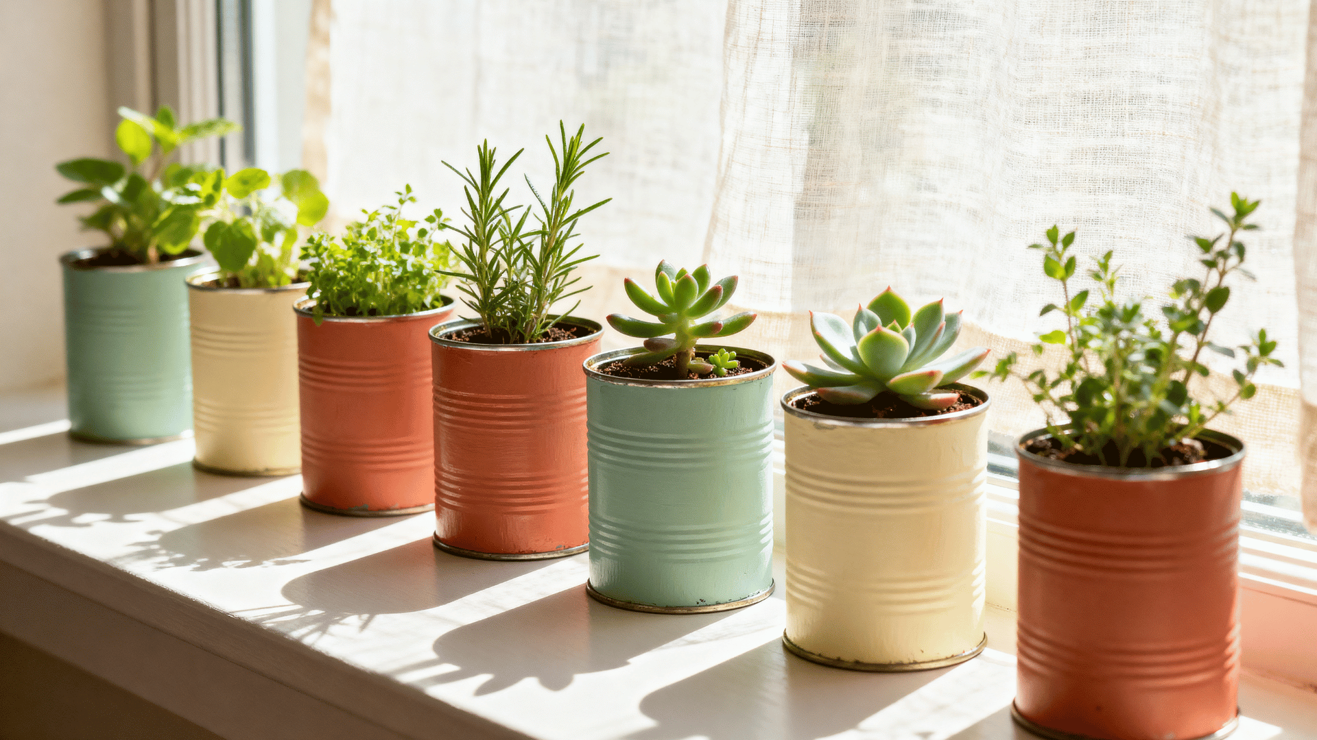 painted tin cans on a windowsill holding small succulents