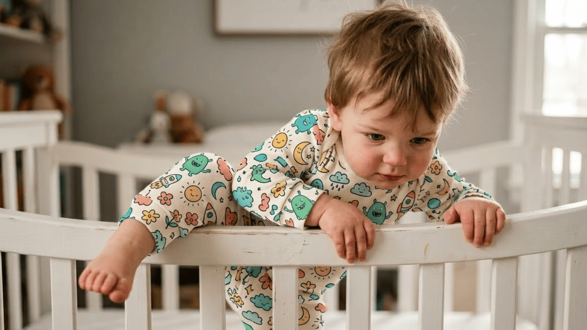 toddler with light brown hair climbing over the rail of a white crib, trying to climb while wearing a colorful monster-print onesie
