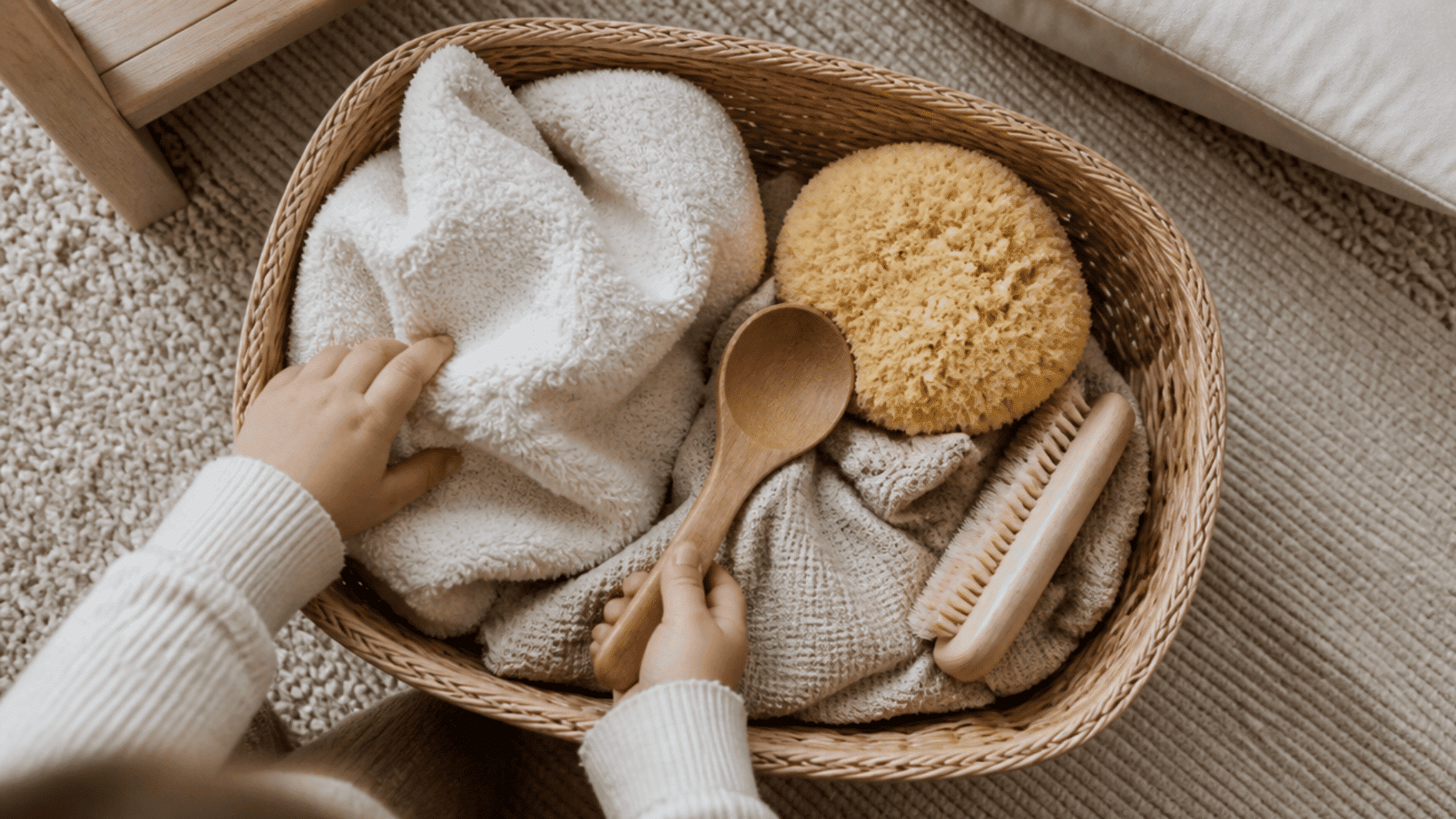 toddler exploring a basket of safe household objects with different textures during sensory play