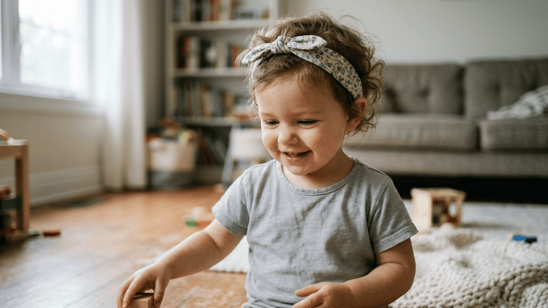 toddler girl wearing a soft headband with short hair reaching toys from a basket during play
