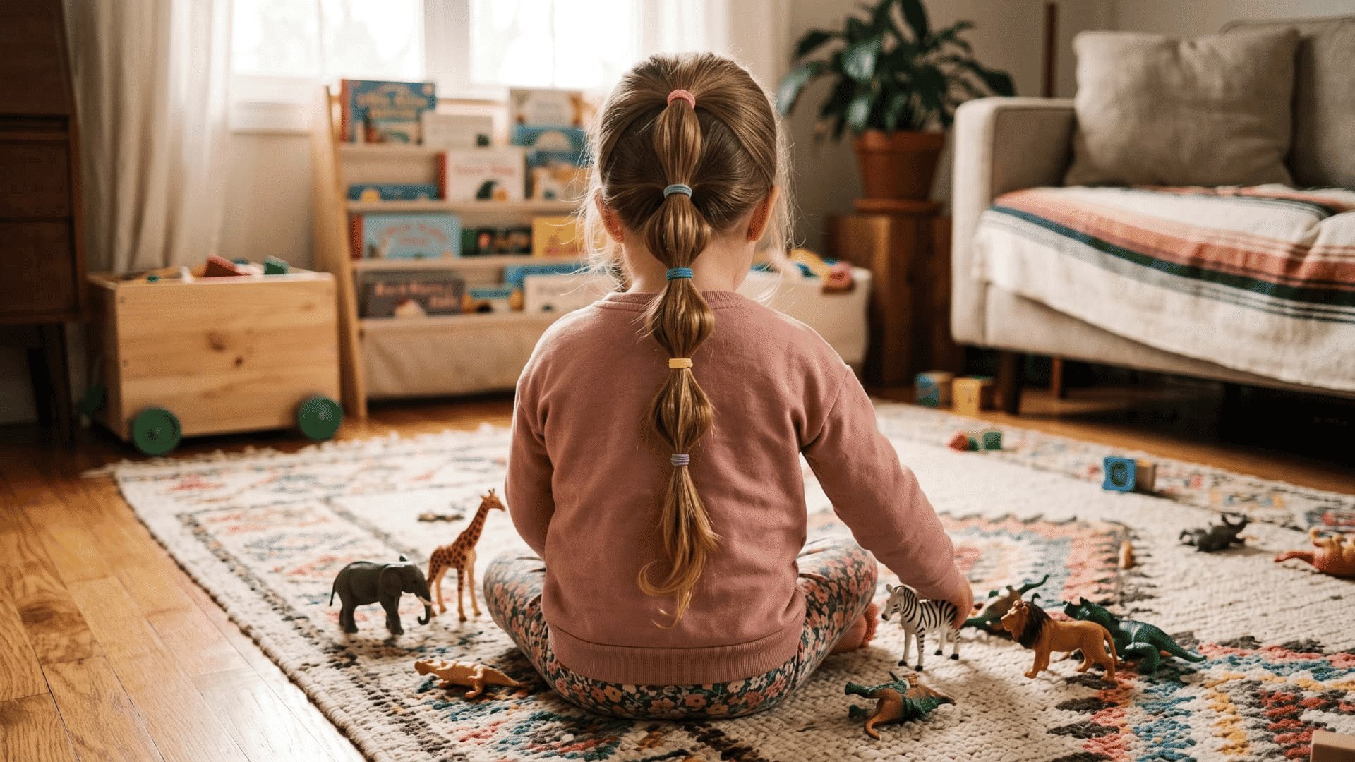 toddler girl with a bubble ponytail sitting on a rug and playing with toy animals in a cozy room