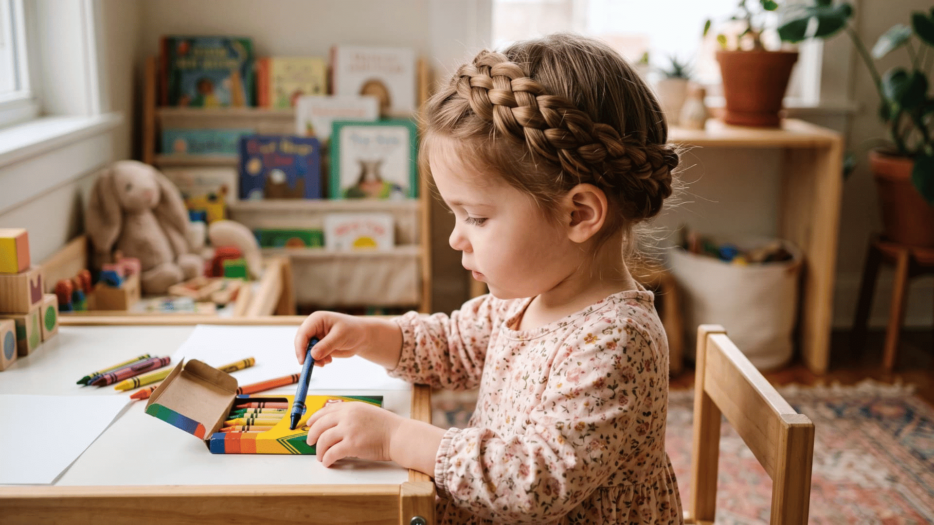 toddler girl with a french braid crown hairstyle drawing with colorful crayons at a small table