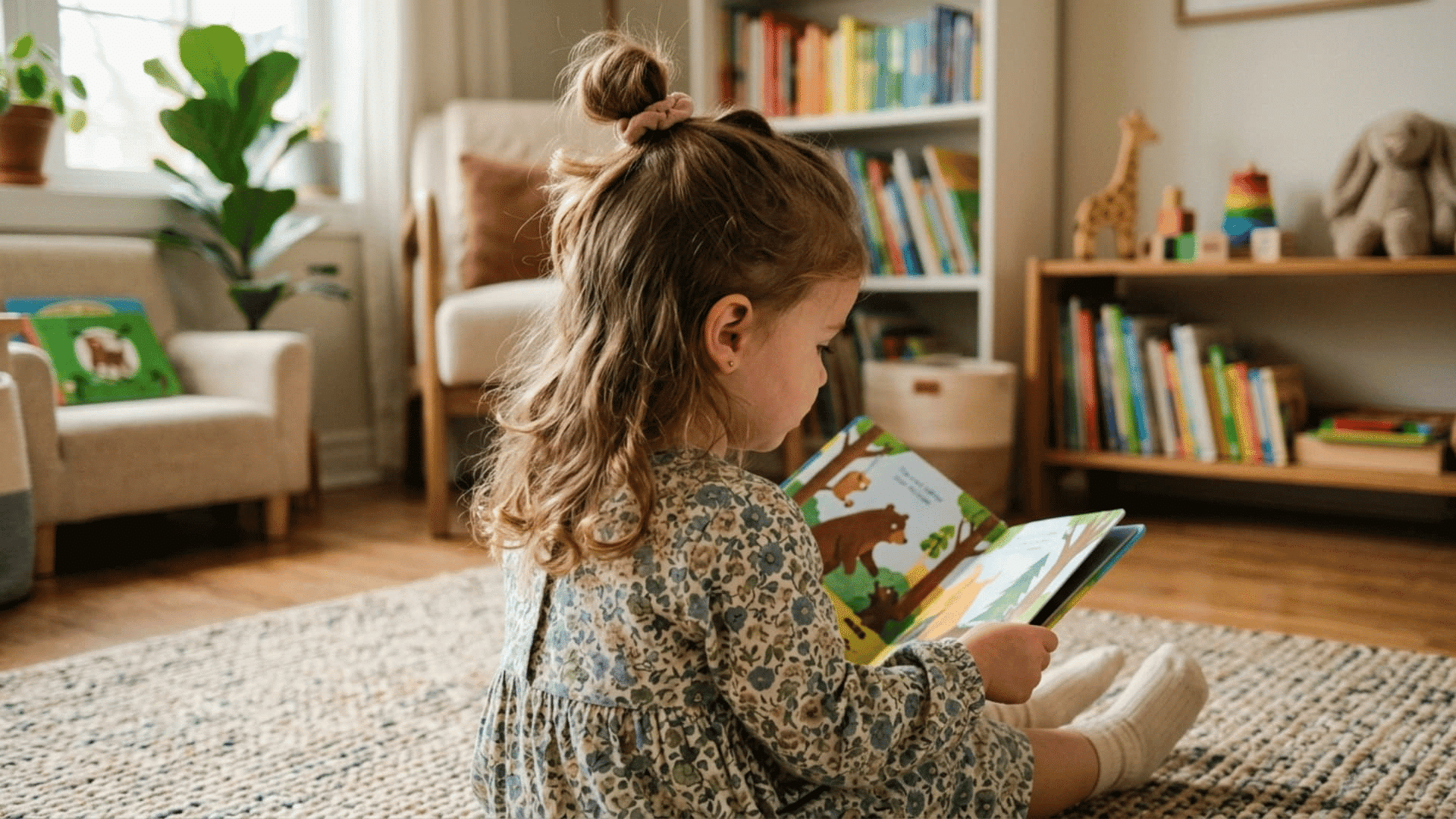 toddler girl with a half up top knot reading a picture book while sitting on a rug in a cozy playroom