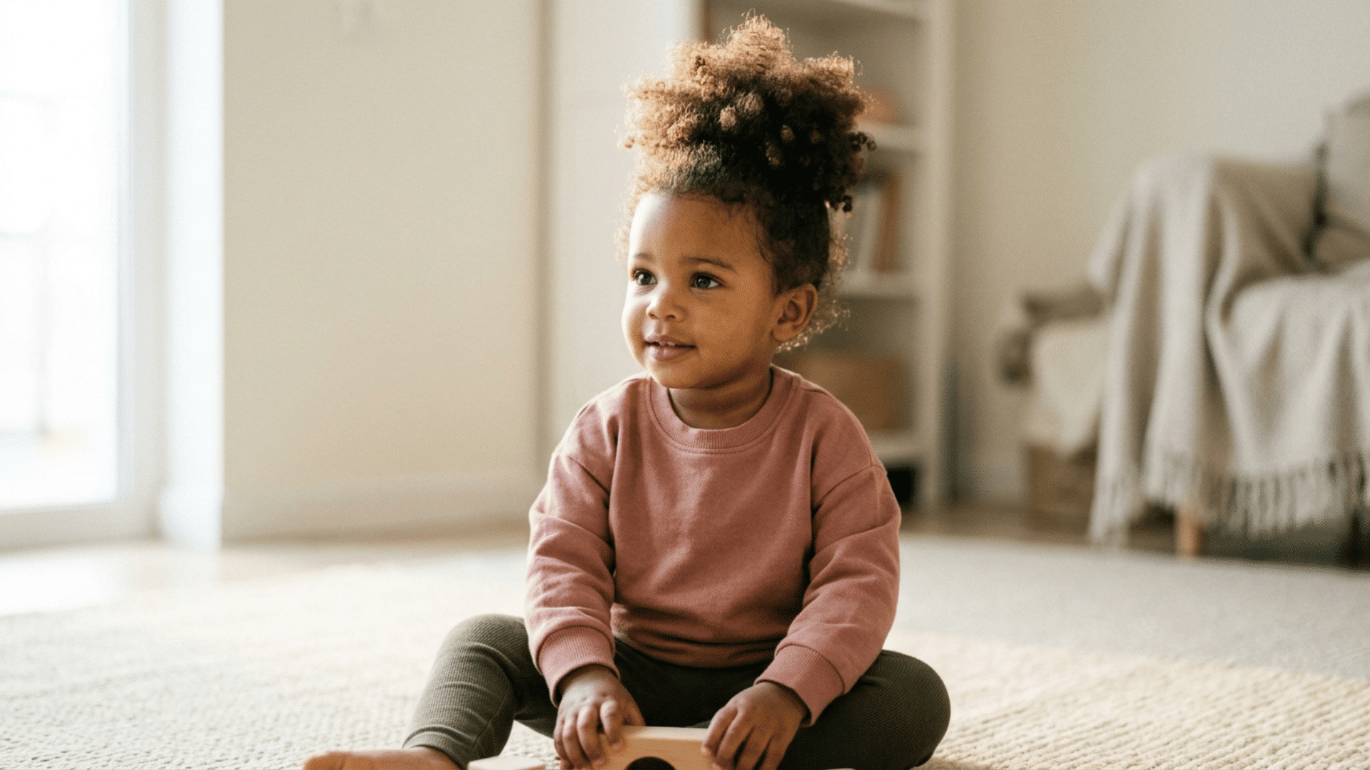 toddler girl with a high curly puff sitting on a soft rug in a bright and cozy living room