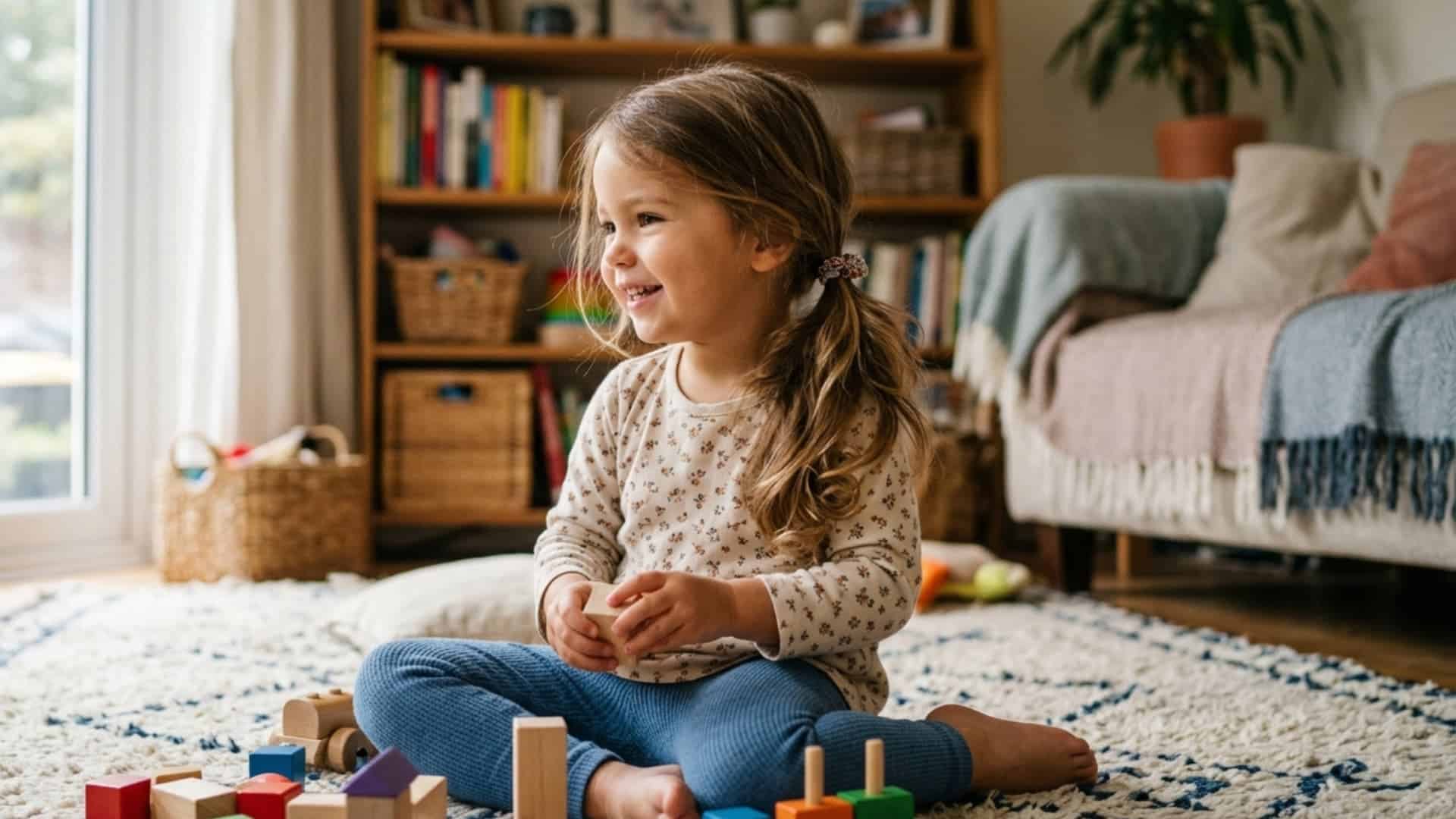 toddler girl with a low side ponytail sitting on a rug and playing with colorful wooden blocks indoors