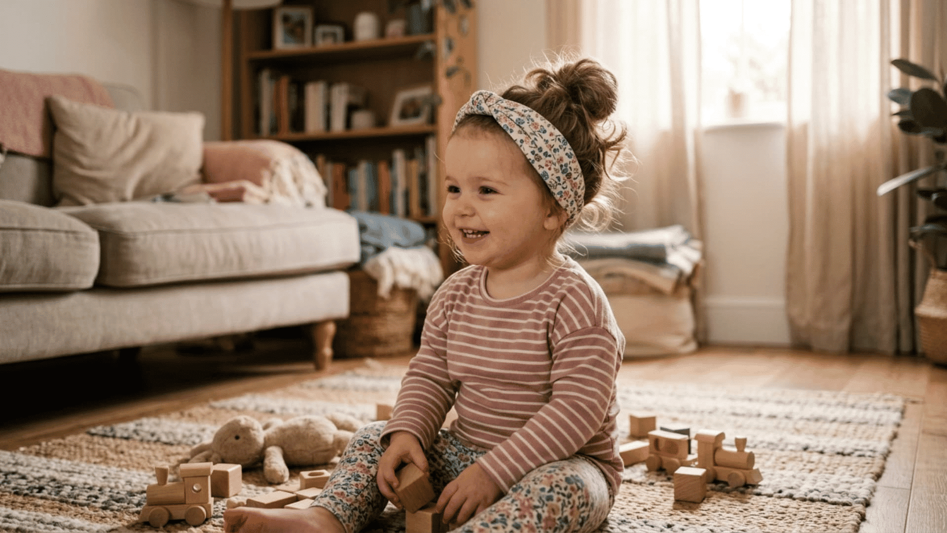toddler girl with a messy bun and floral headband playing with wooden toys in a cozy living room