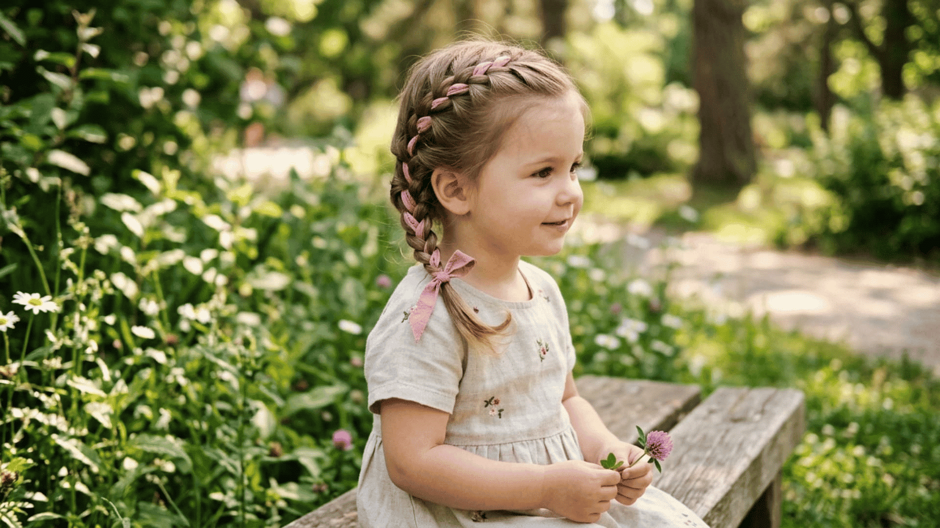 toddler girl with a ribbon woven braid holding a flower while sitting on a garden bench