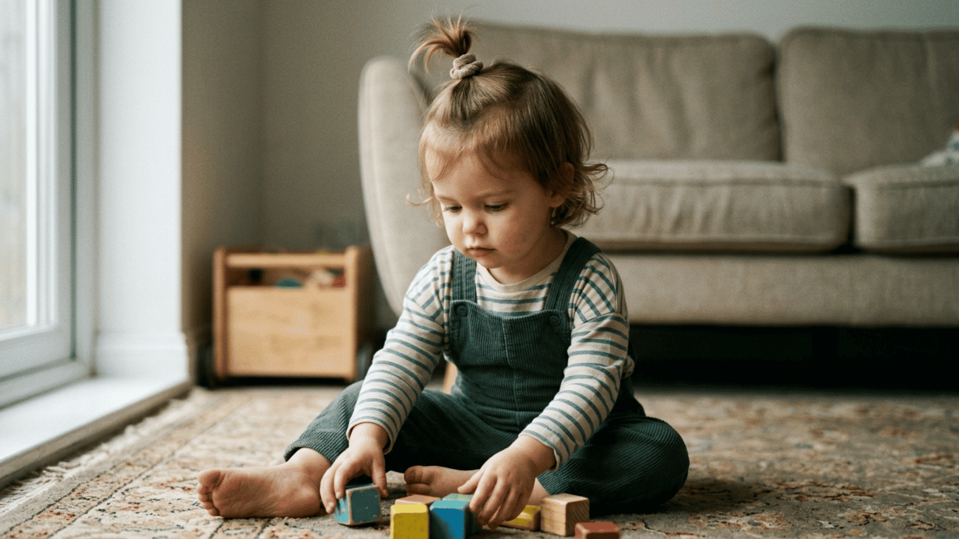 toddler girl with a small ponytail sitting on a rug and playing with colorful wooden blocks indoor
