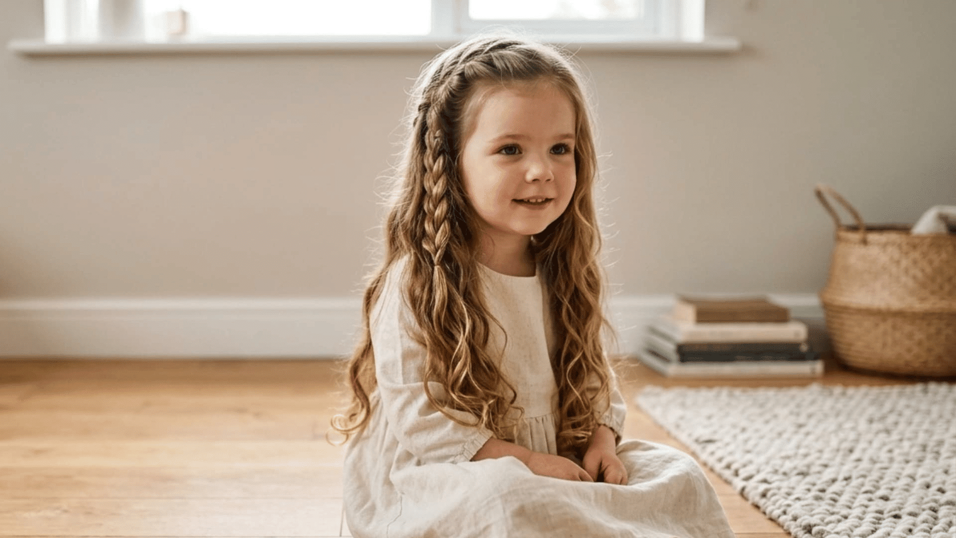 toddler girl with a waterfall braid and long wavy hair sitting on a wooden floor in a bright room
