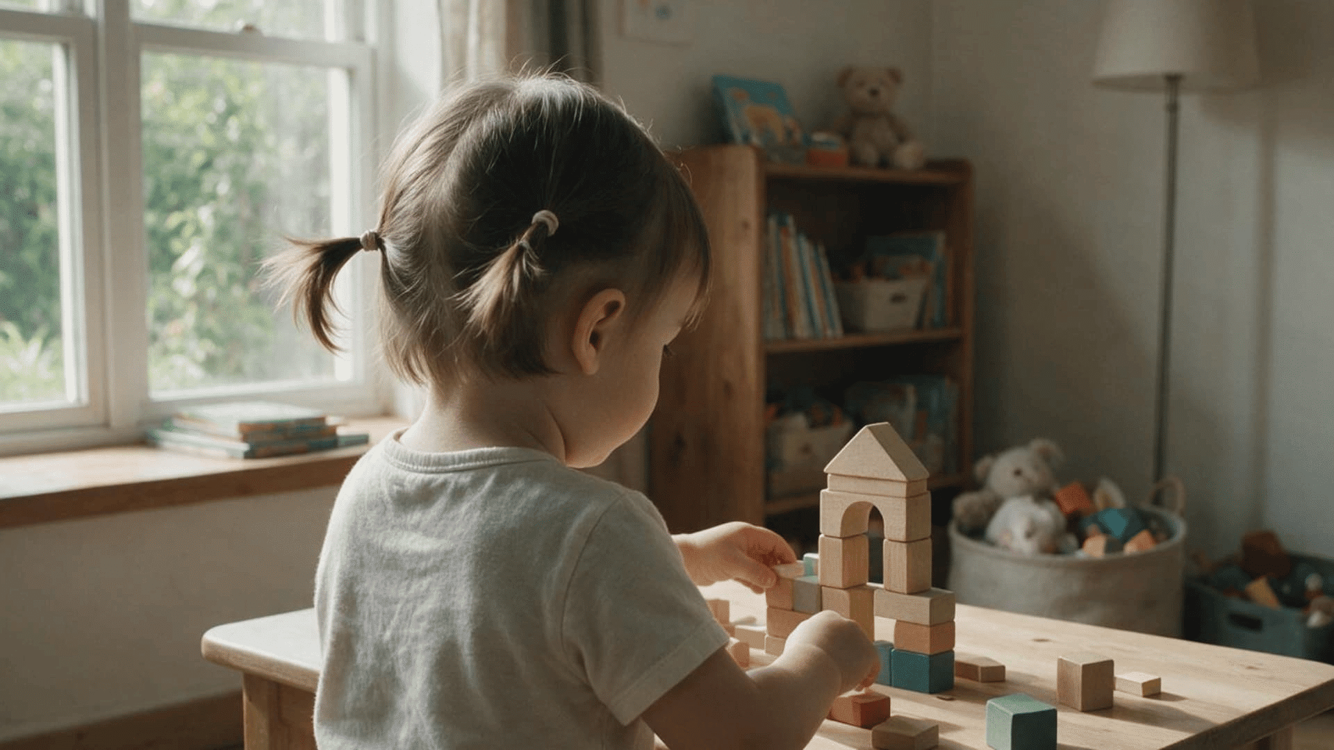 toddler girl with mini pigtails sitting at a low table building blocks in a cozy room setting