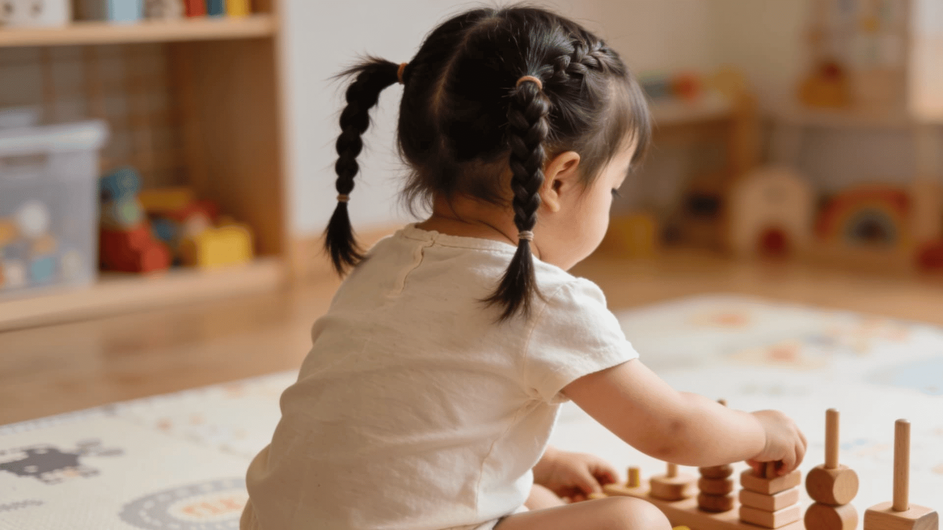 toddler girl with tiny braided pigtails arranging wooden toys on a play mat at home