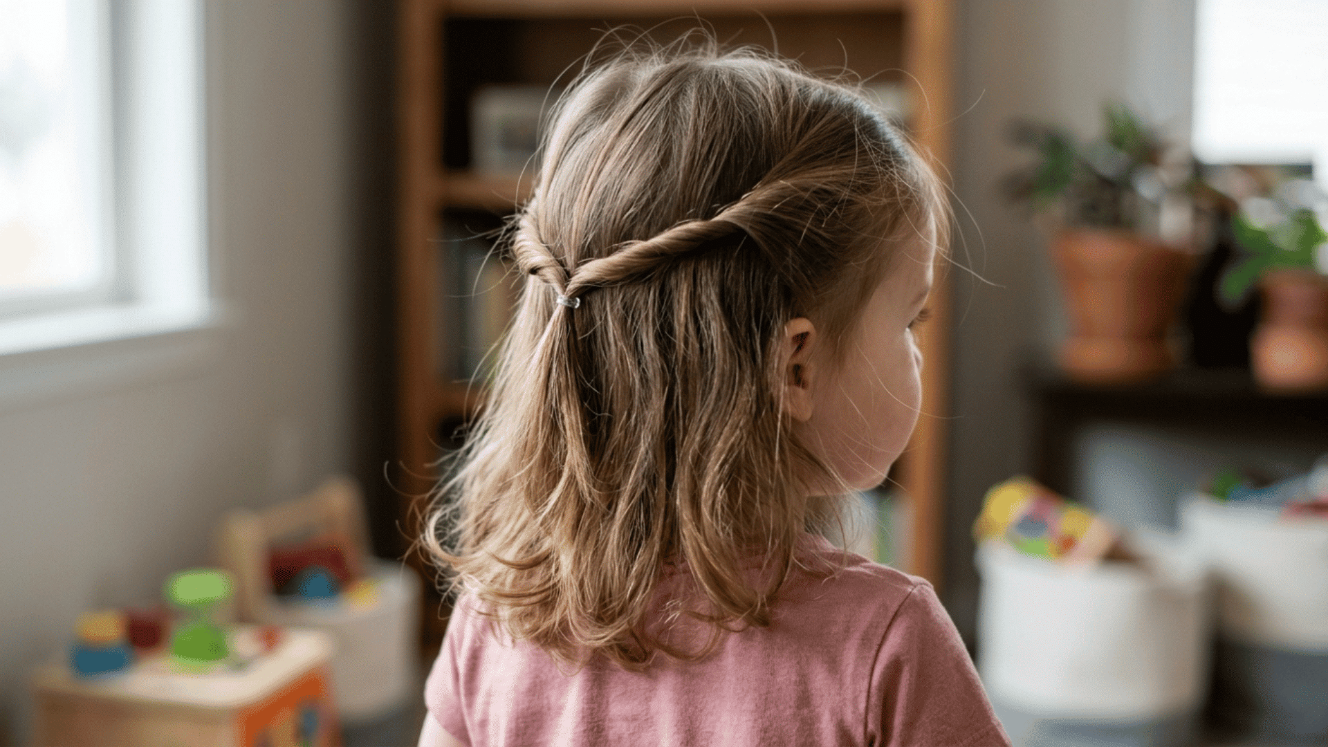 toddler girl with twisted half up hair secured by a small clear elastic in a softly lit playroom
