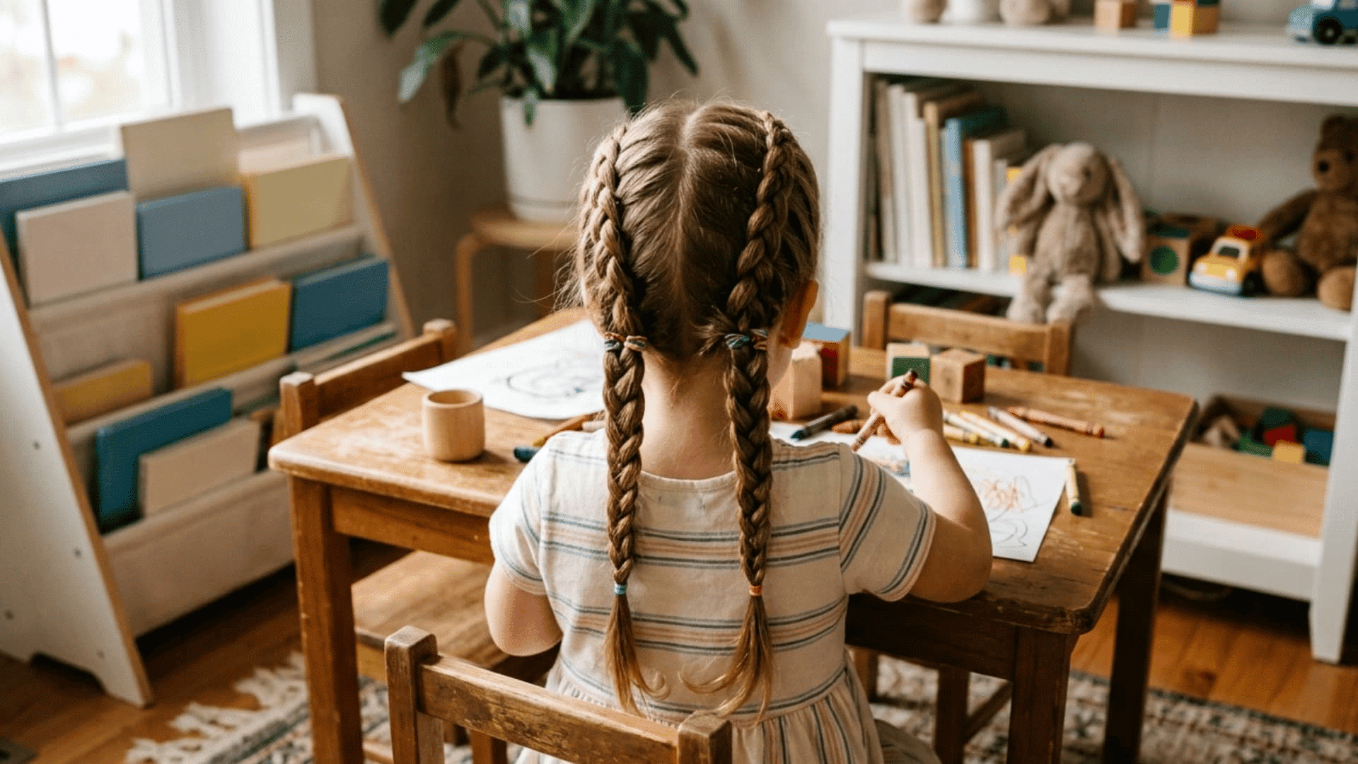 toddler girl with two dutch braids sitting at a wooden table in a cozy playroom