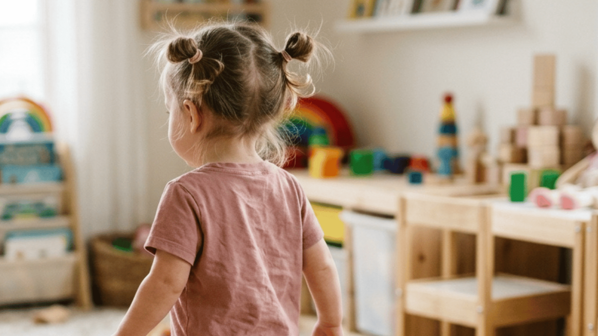 toddler girl with two mini hair buns in a bright playroom filled with toys and wooden furniture