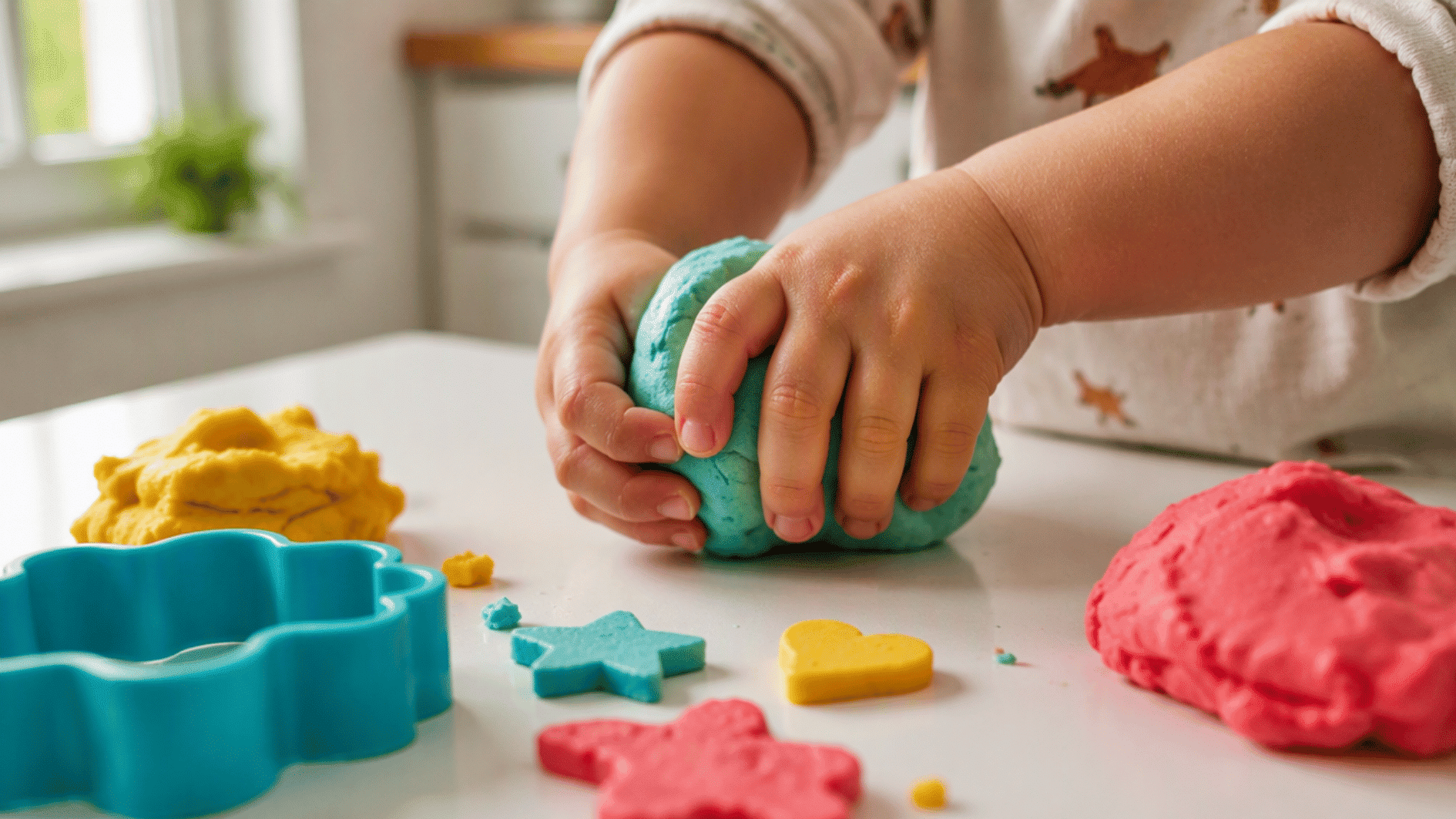 toddler hands squeezing and shaping colorful play dough during a simple sensory activity
