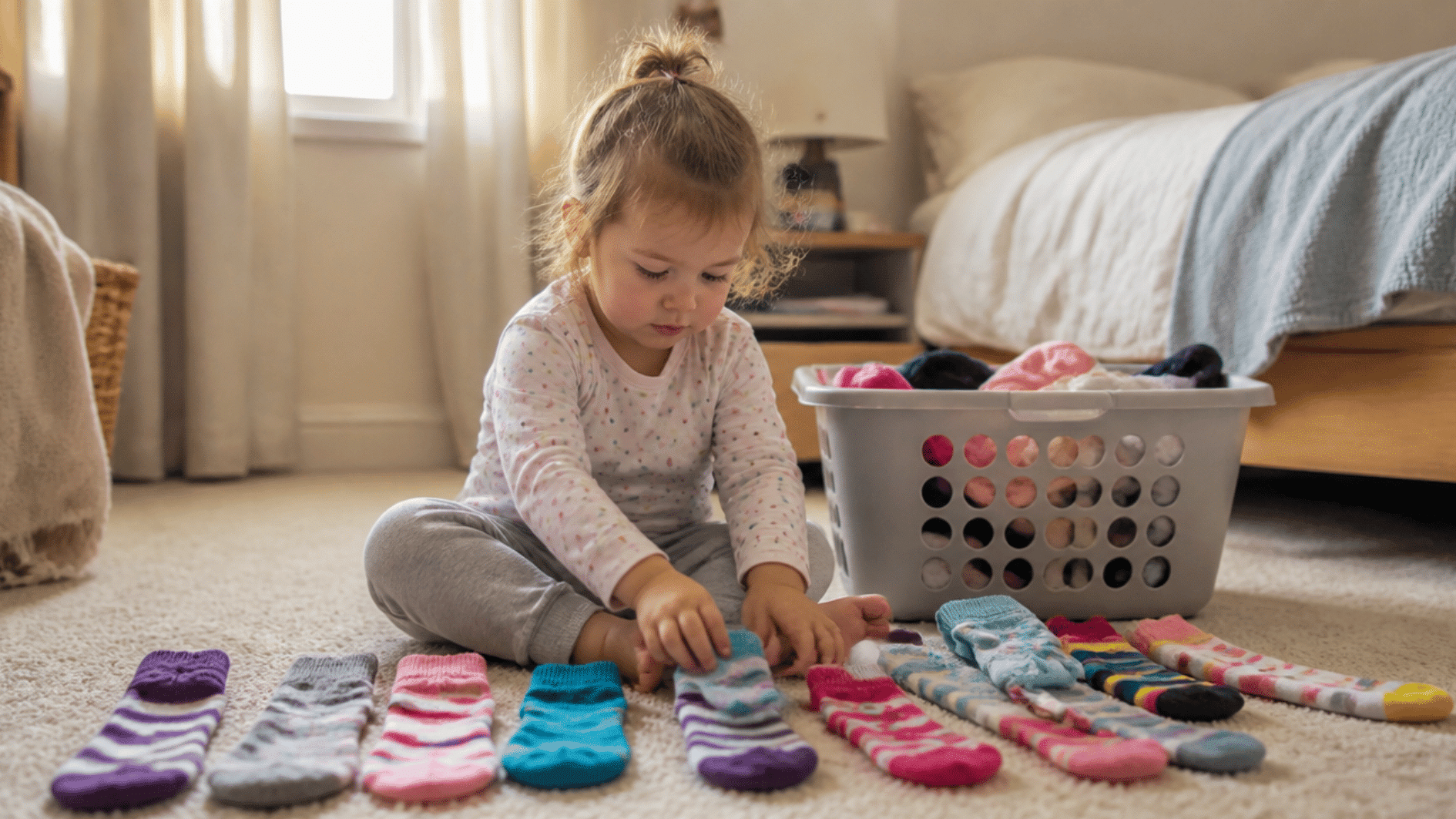 toddler matching pairs of colorful socks beside a laundry basket during playtime at home