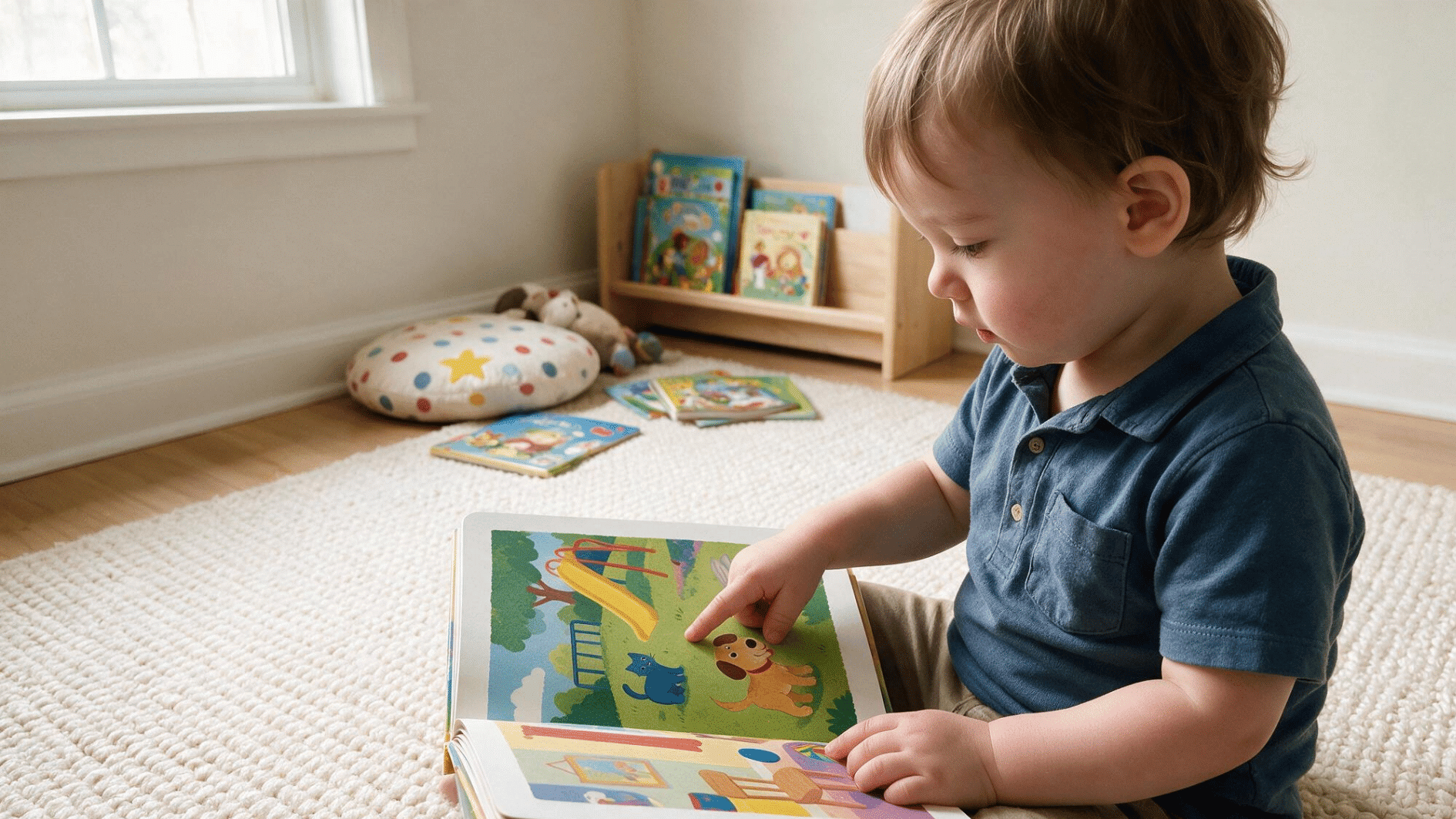 toddler pointing at objects in an open picture book while sitting on a rug in a bright children's reading nook