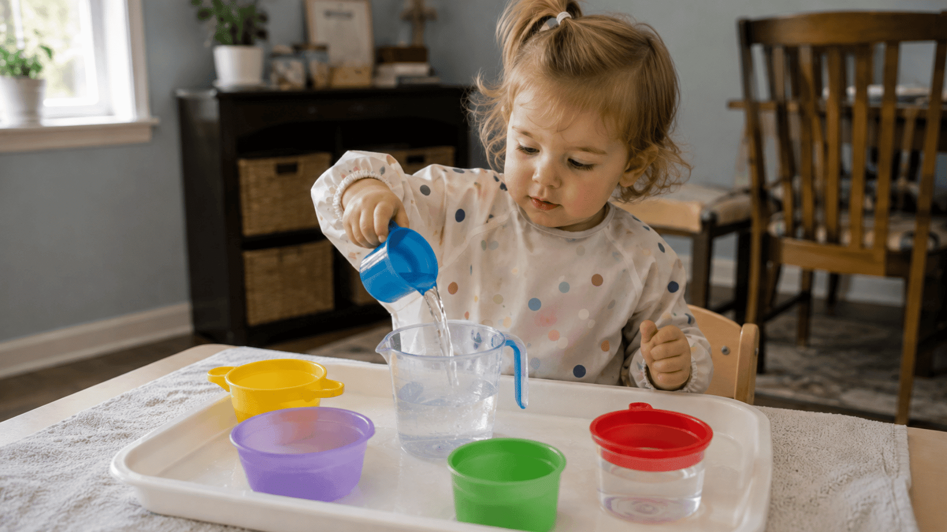 Toddler pouring water between colorful containers on a tray during a simple sensory play activity