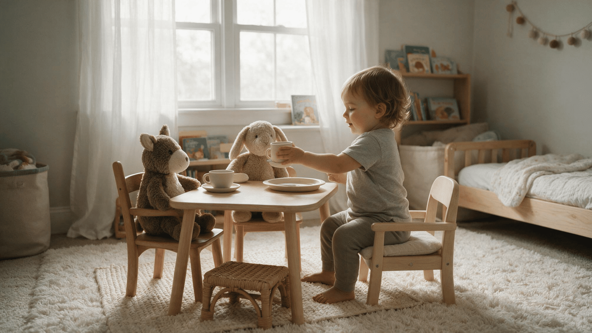toddler serving stuffed animals at a pretend tea party in a cozy play area at home
