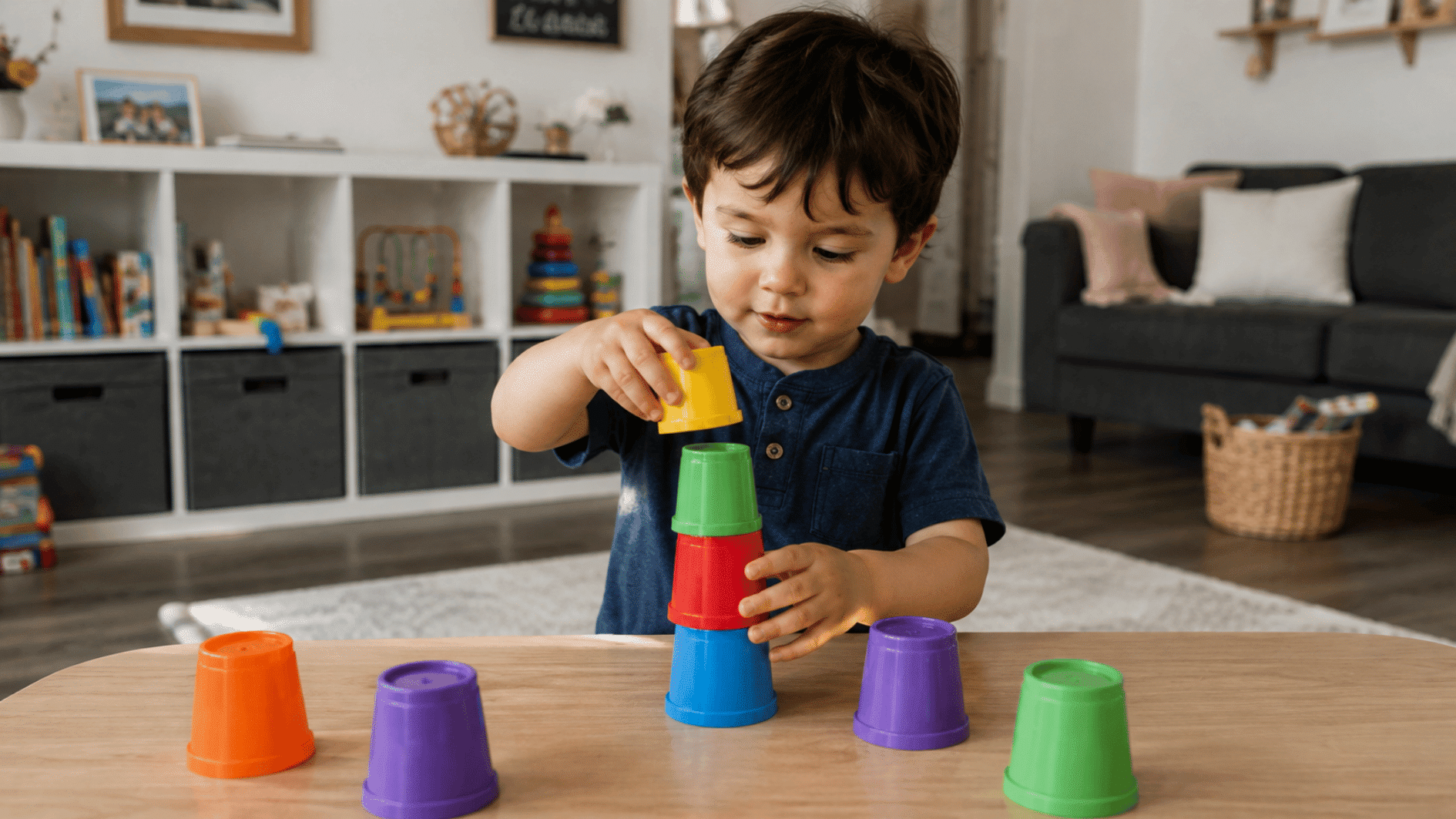 Toddler stacking colorful cups on a table while practicing counting, size, balance, and comparison skills