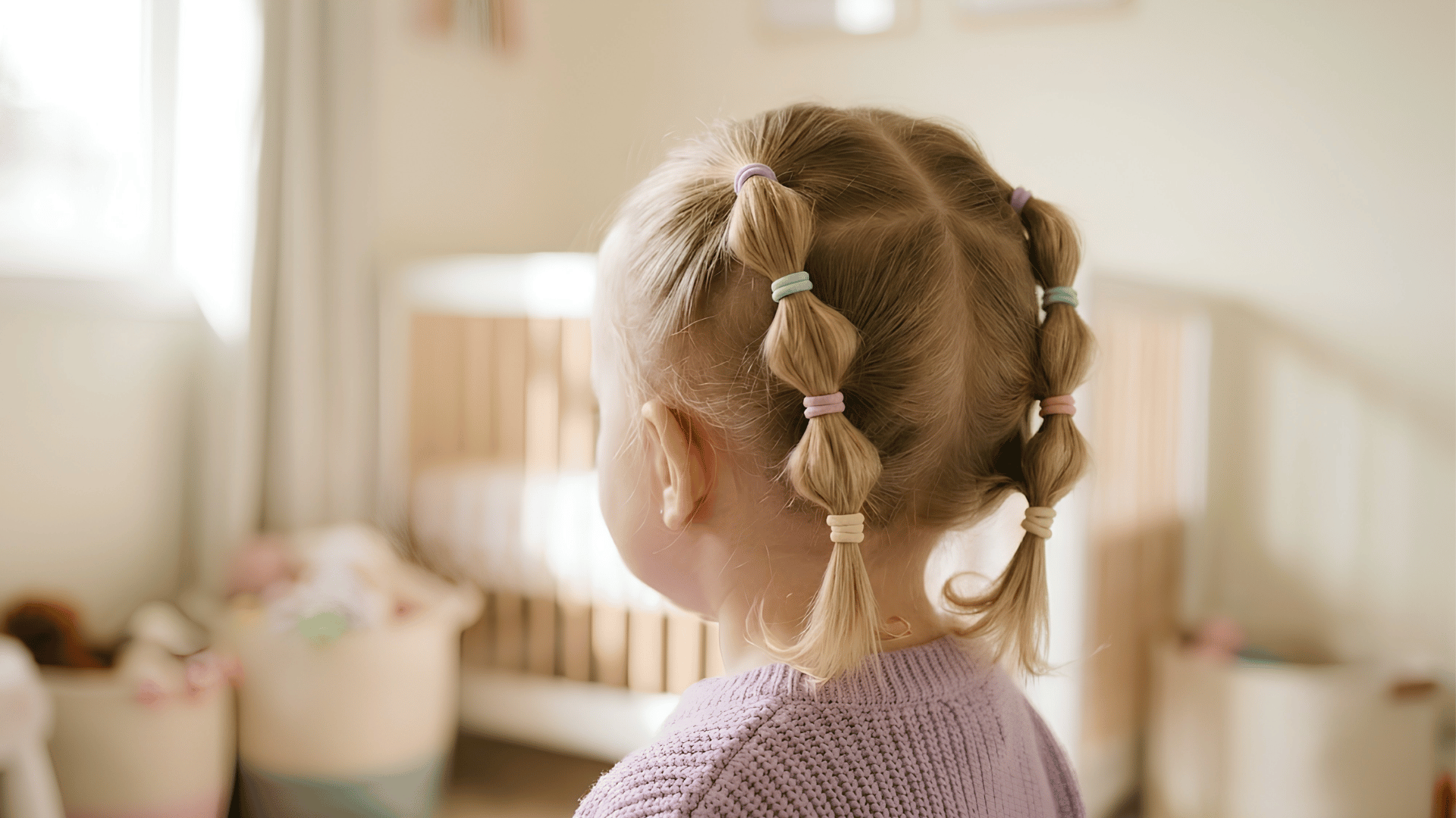 toddler with blonde hair styled in double bubble pigtails secured with soft colorful elastics in a bright nursery setting