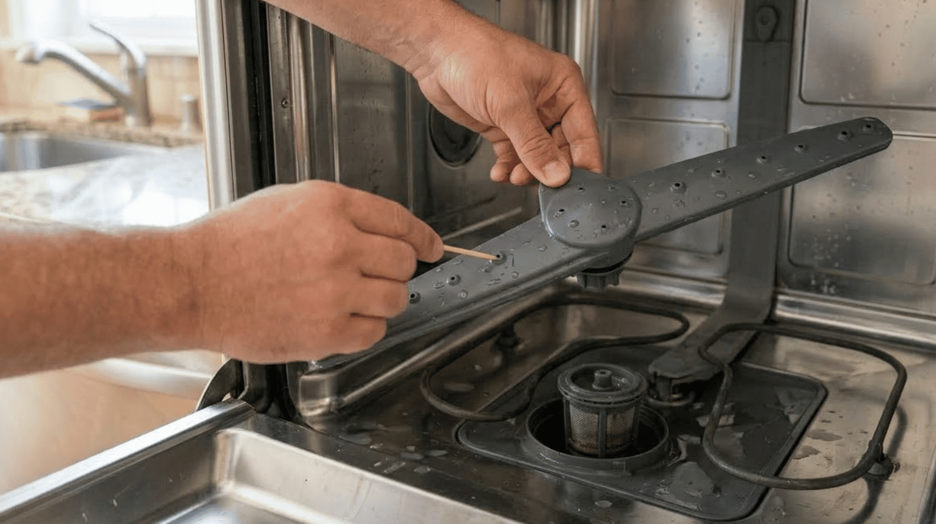 toothpick clearing a clogged nozzle on a dishwasher's lower spray arm