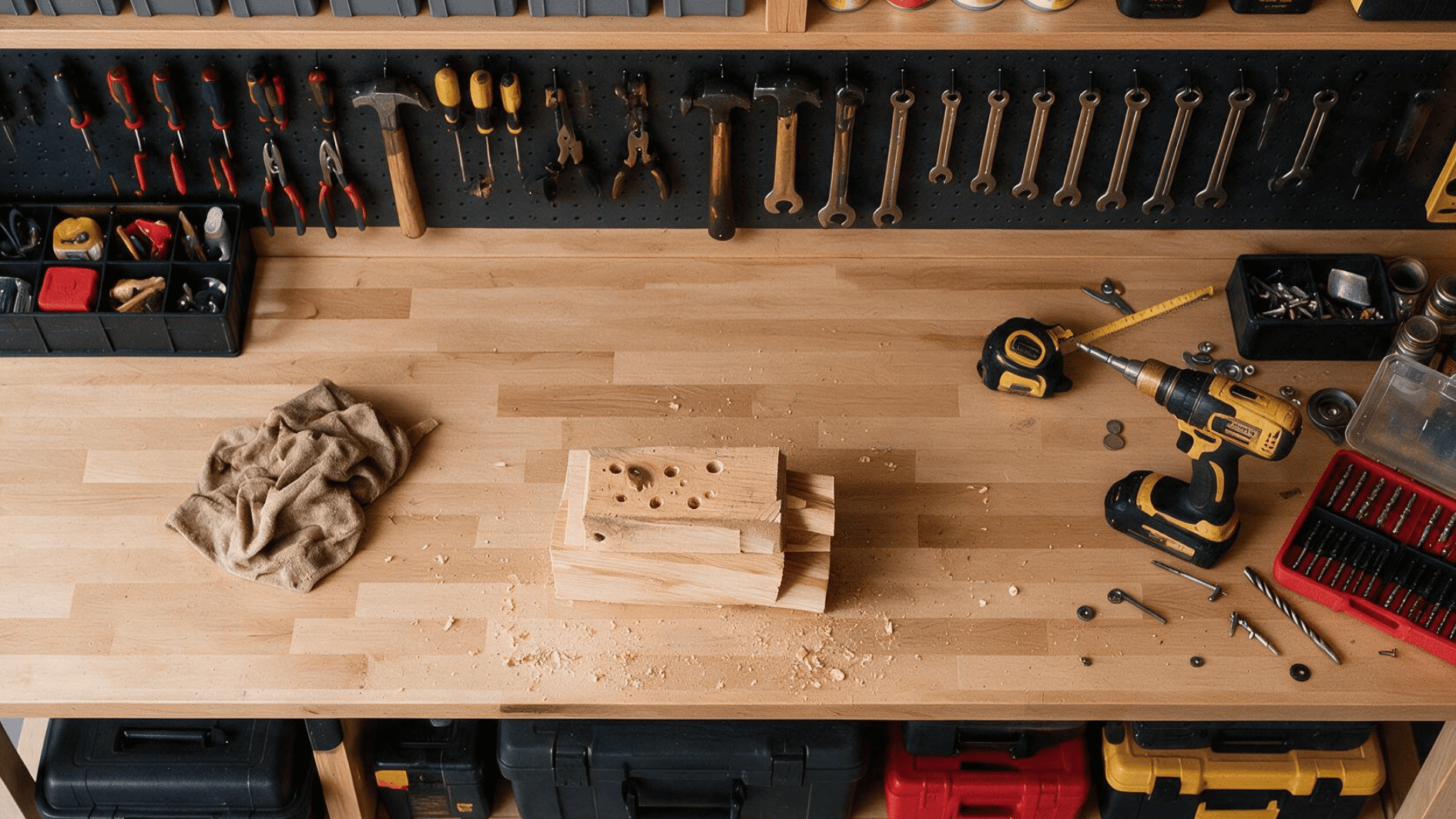 top view of garage workbench with organized tools storage shelves and supplies within reach