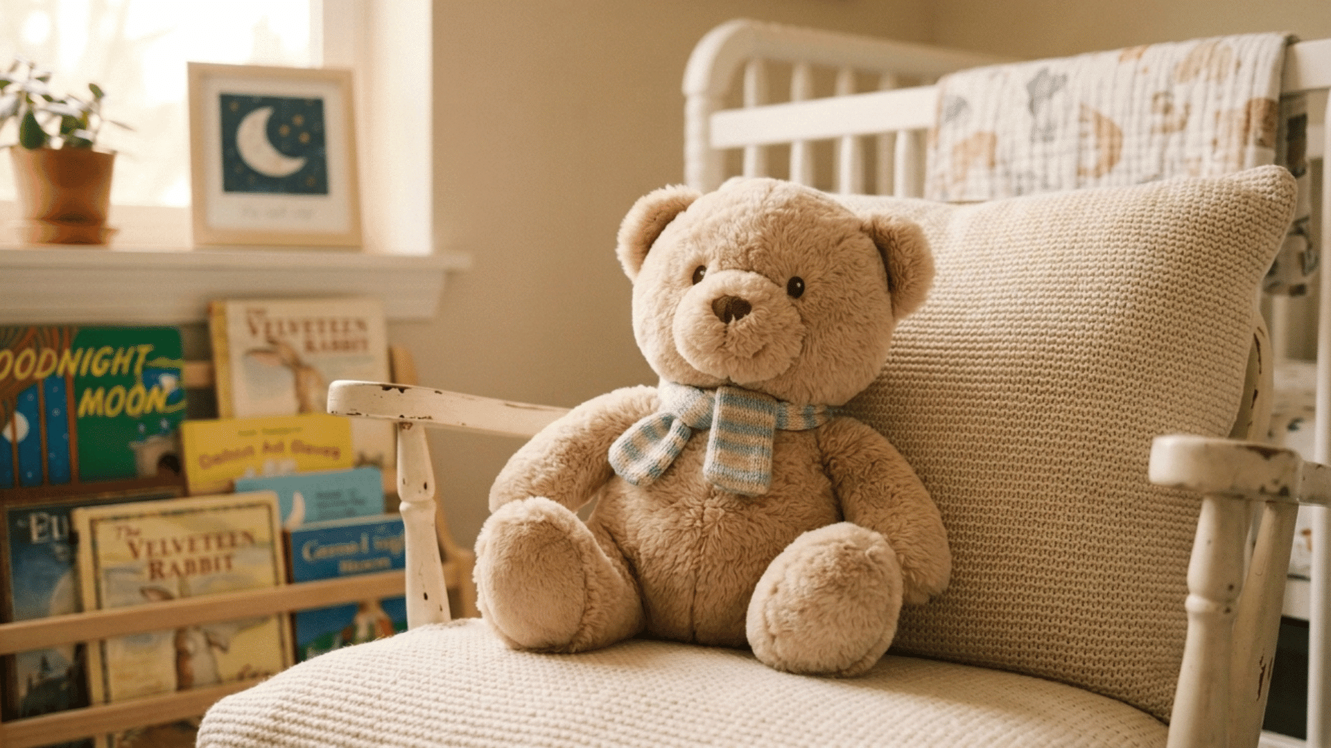 beige teddy bear plush toy with a striped scarf sitting on a cushioned nursery chair