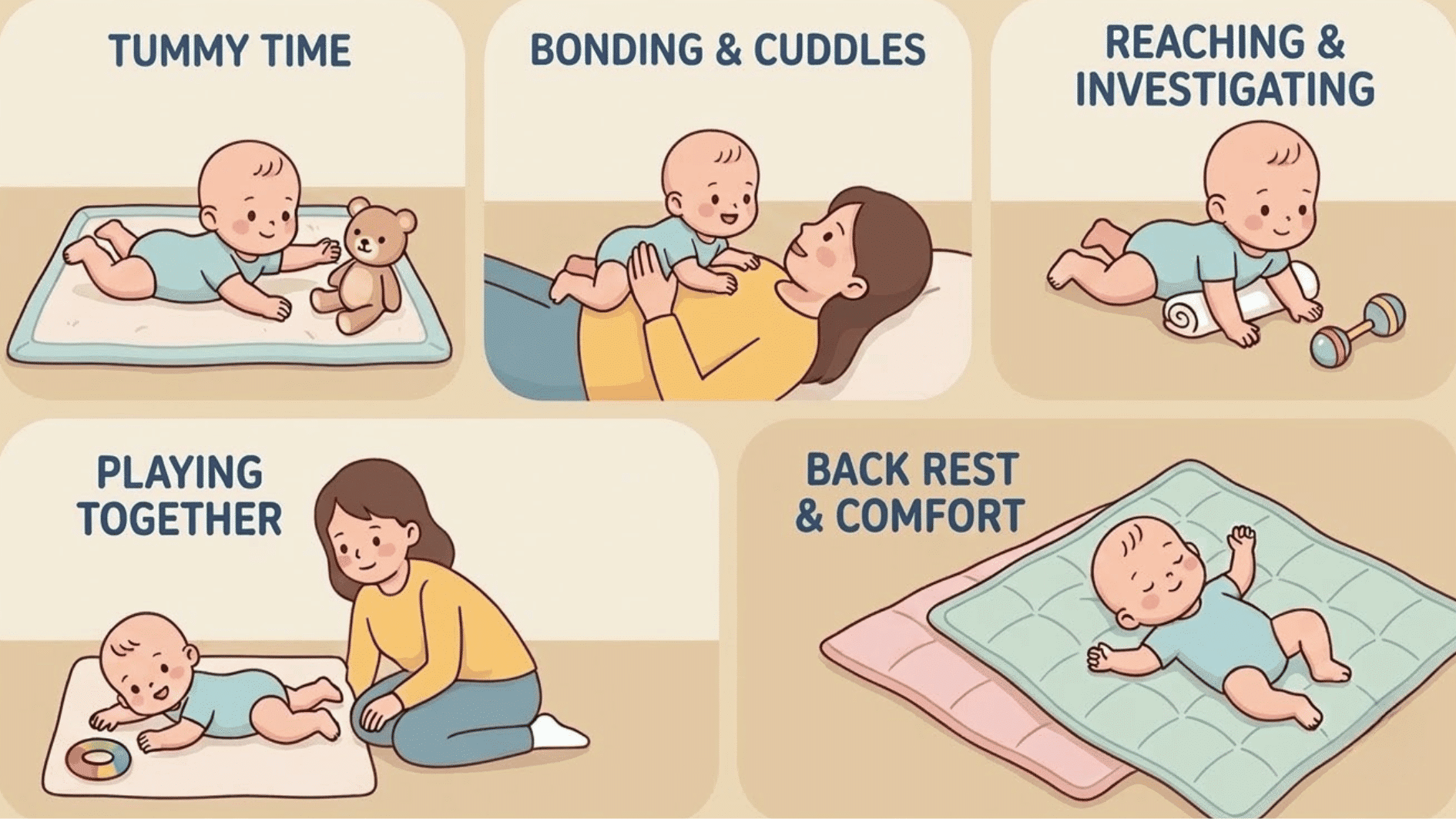 baby practicing tummy time with parent support to build strength for rolling over and movement skills