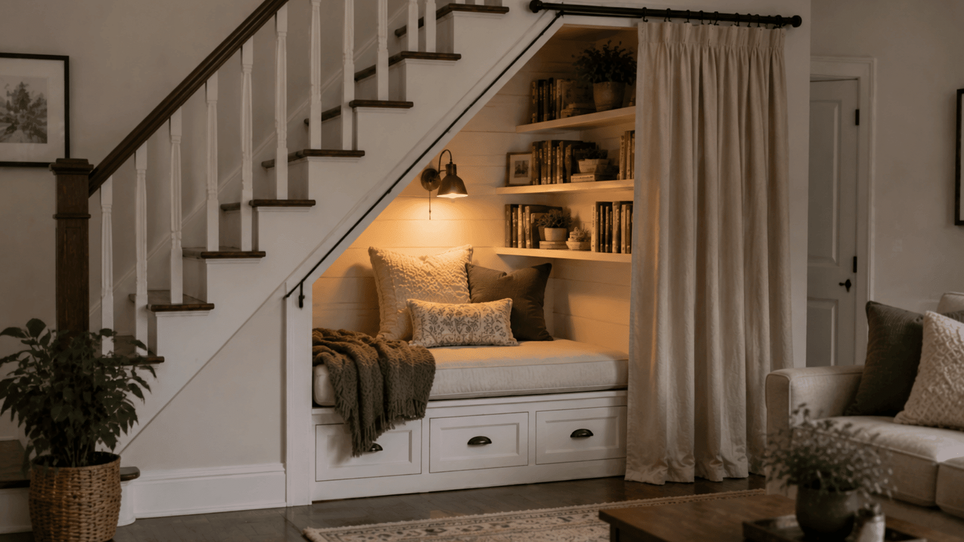 under stairs reading nook with built-in bench, shelves, cushions, books, and warm lighting in small space