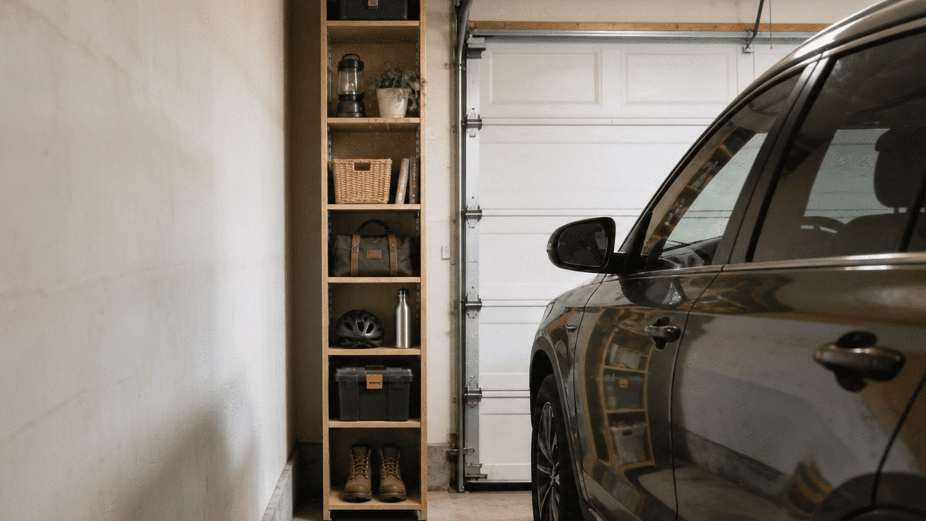vertical garage shelf with baskets and tools and storage boxes and supplies beside a parked car in a narrow space