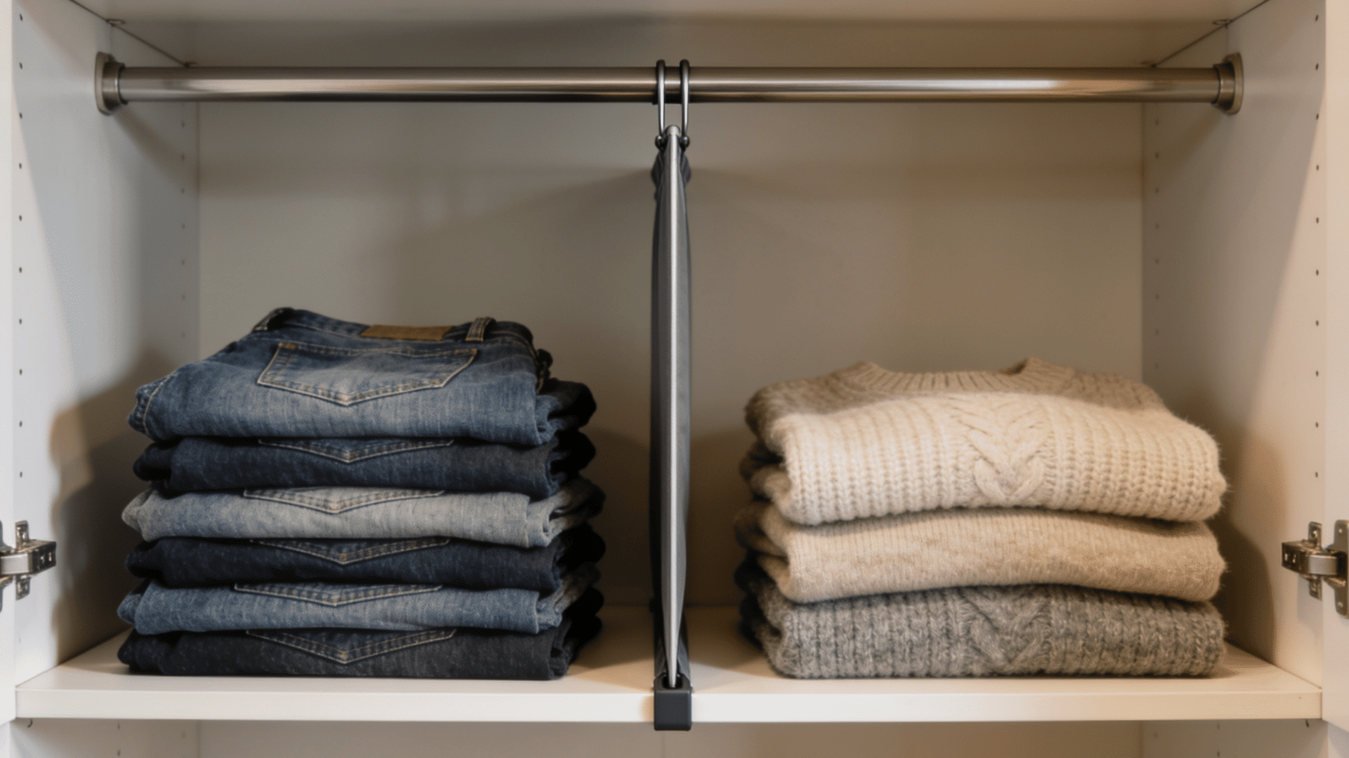 vertical tension rod divider separating folded jeans and sweaters on a closet shelf for better organization
