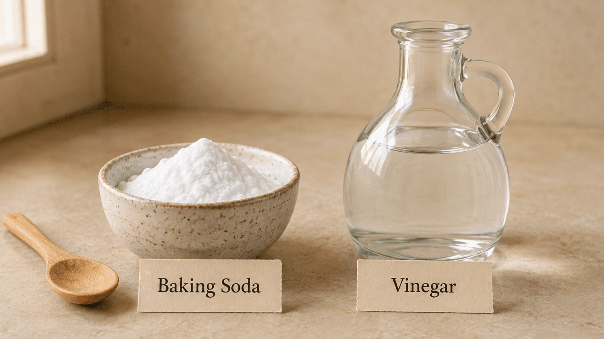 baking soda and vinegar in labeled containers beside a small wooden spoon
