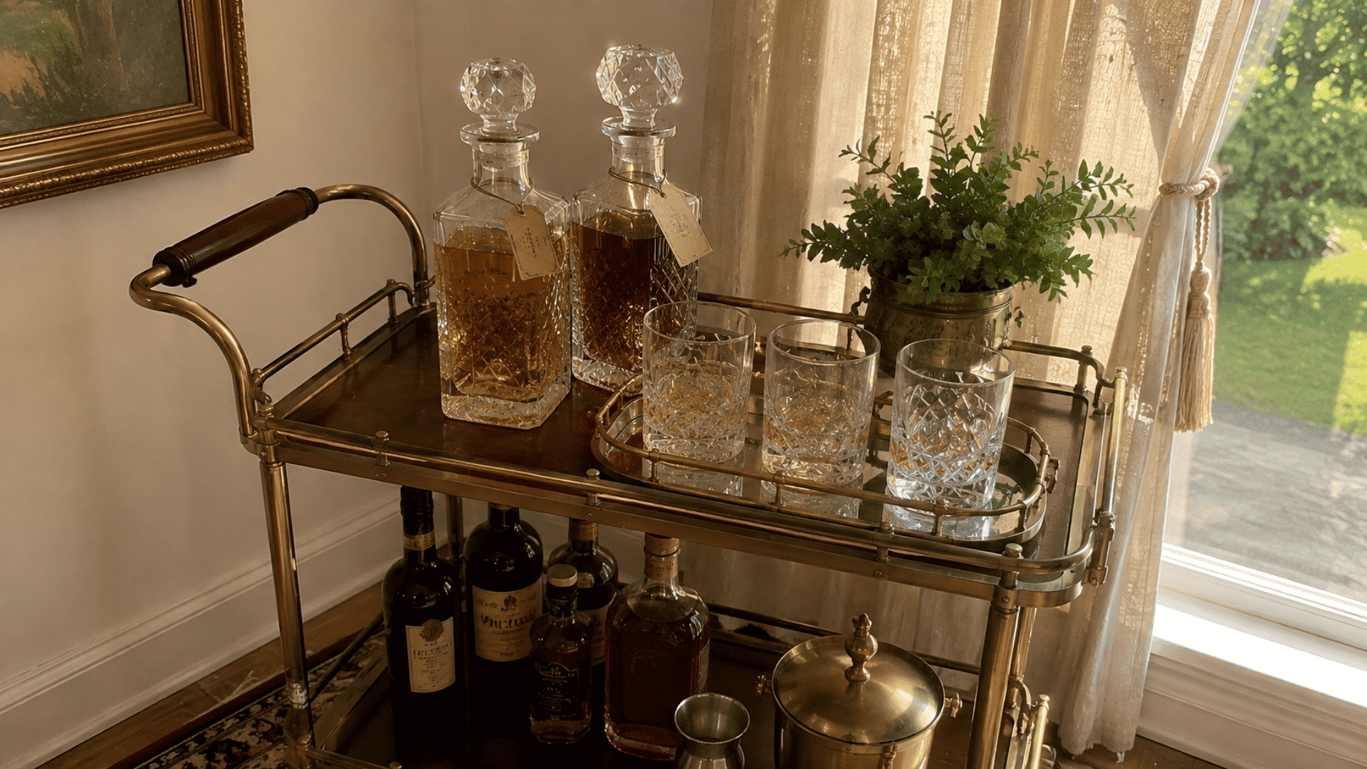 Vintage brass bar cart with tagged crystal decanters, rocks glasses, whiskey bottles, and a small potted fern