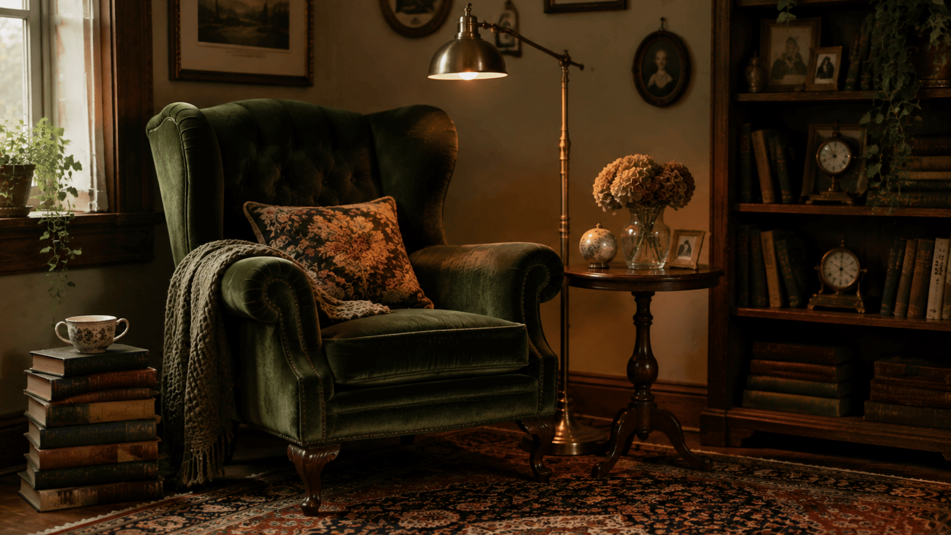 vintage reading nook with velvet chair, antique lamp, patterned rug, books, and classic home decor