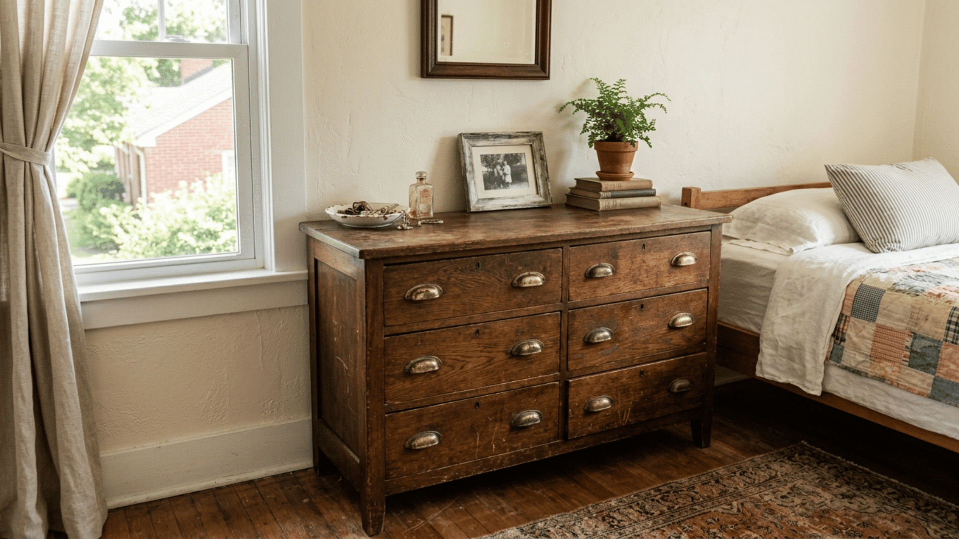 vintage wood dresser with brass handles used as a statement piece in a guest bedroom
