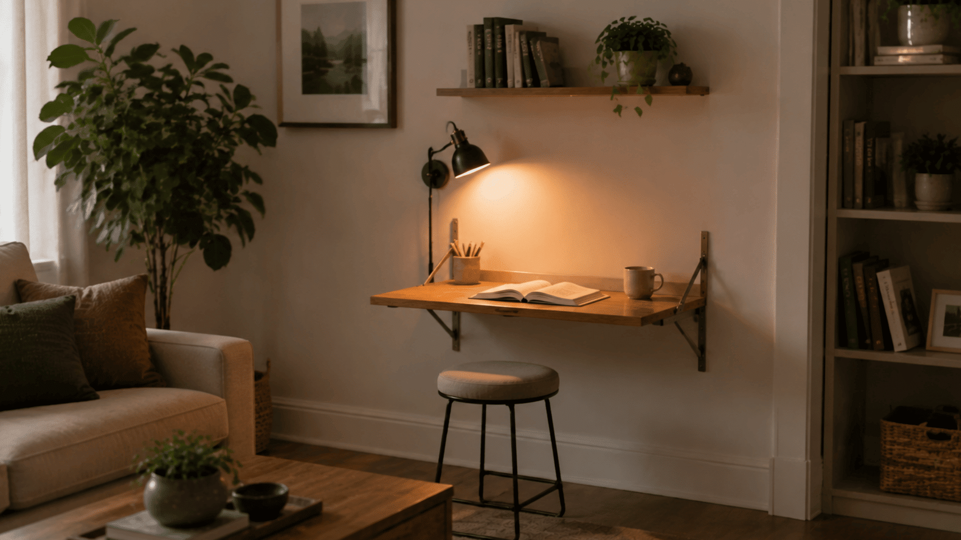wall mounted desk reading nook with foldable desk, chair, shelves, books, and compact home workspace