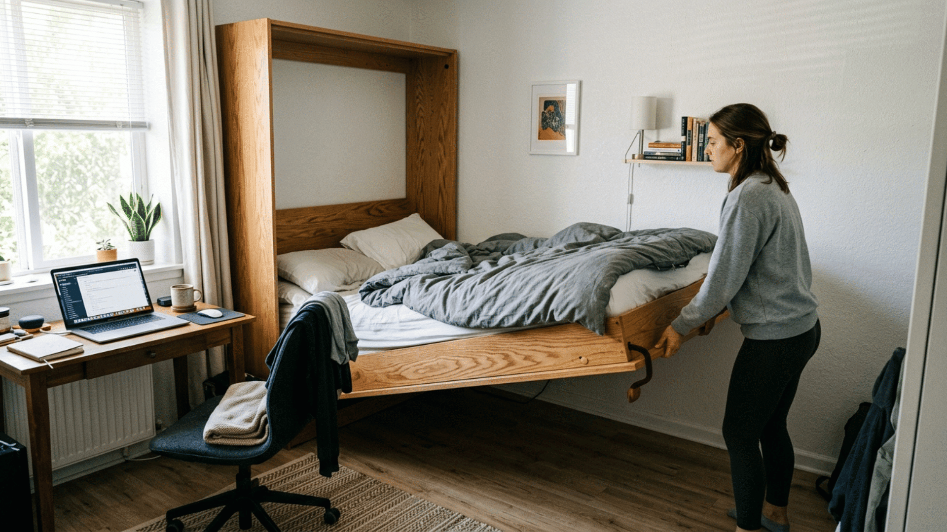 wall-mounted murphy bed half-open in a small apartment, freeing up floor space for a home office